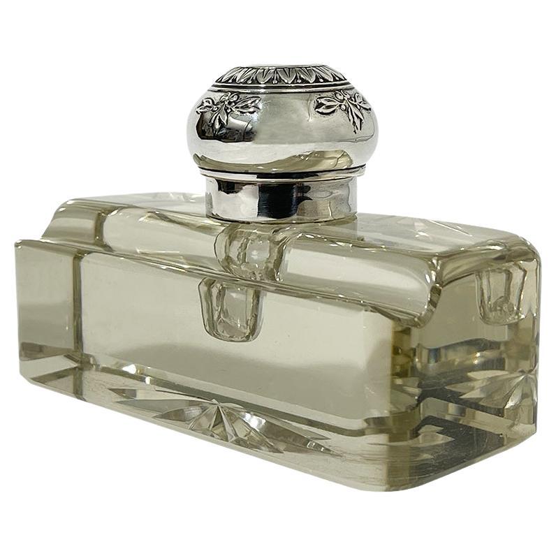 German Art Nouveau Crystal with Silver CAP Inkwell, circa 1890 For Sale