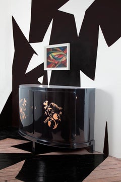 Black Lacquer German Expressionist Demilune Cabinet Circa 1922