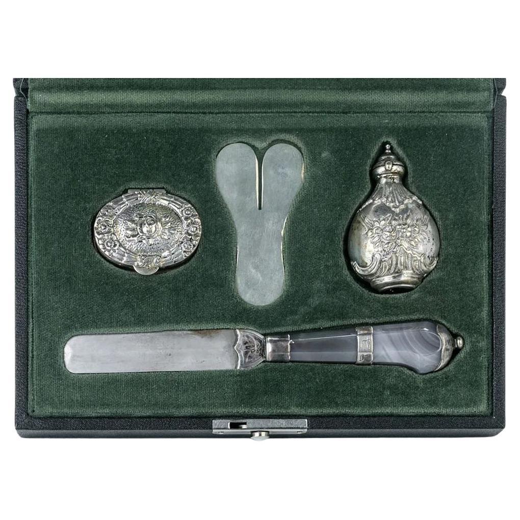 A German Four Piece Silver and Marble Brit Milla Set, Late 19th Century For Sale