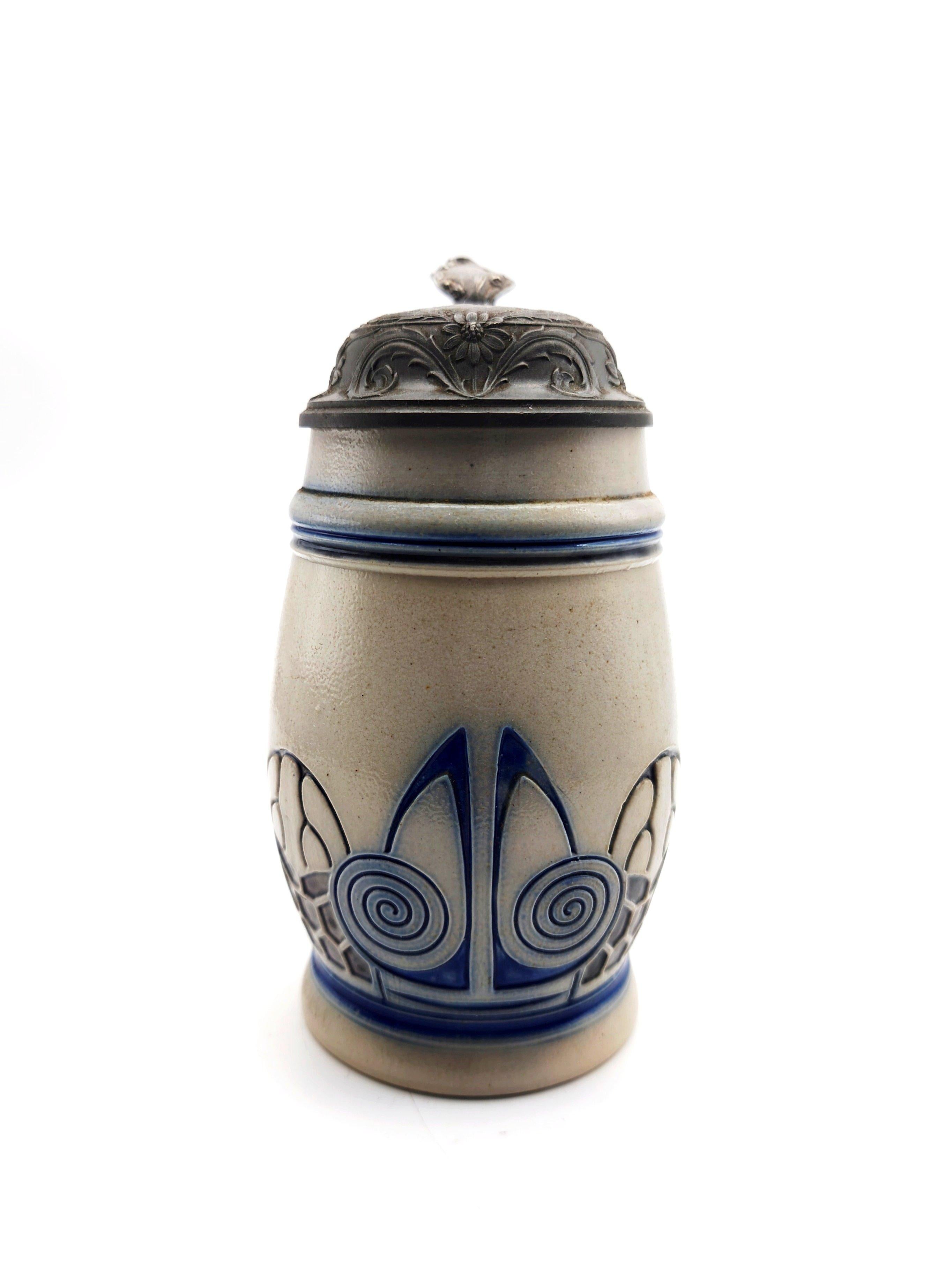 Early 20th Century A German Jugendstil beer tankard by Merkelbach Wick with pewter lid, ca. 1902 For Sale