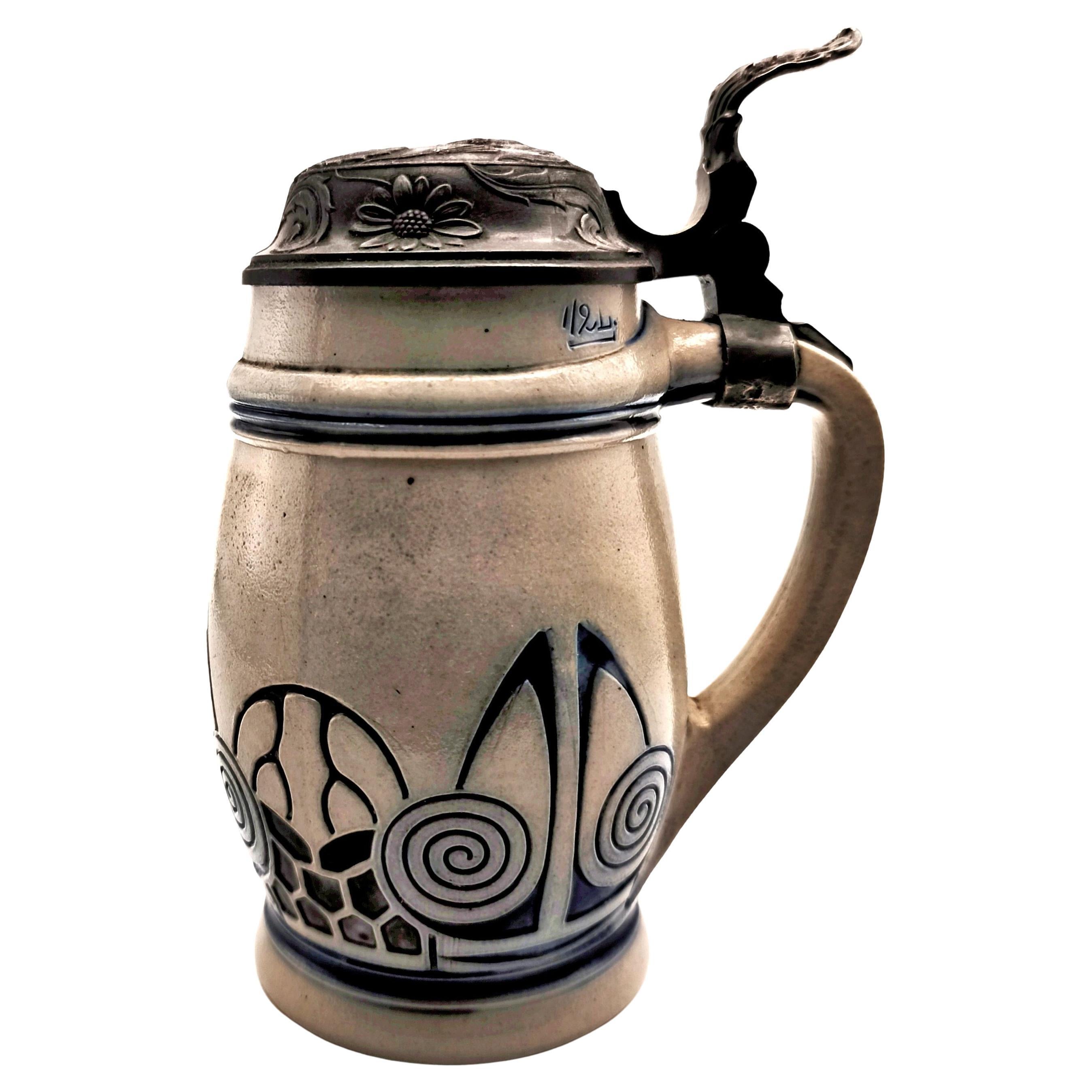 A German Jugendstil beer tankard by Merkelbach Wick with pewter lid, ca. 1902