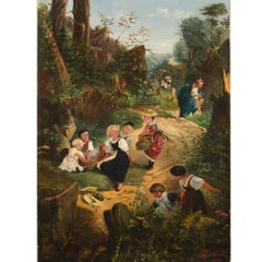 A German School oil painting of a countryside strawberry harvest, 19th century.