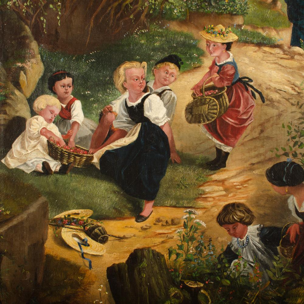 Ein Ölgemälde der Deutschen Schule mit einer ländlichen Erdbeerernte, 19. (Europäisch) im Angebot