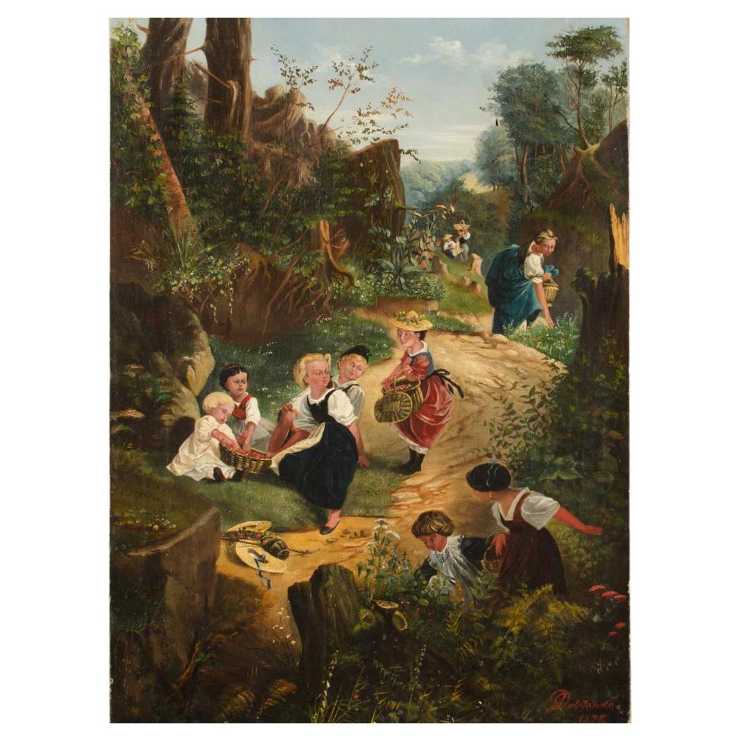 A German School oil painting of a countryside strawberry harvest, 19th century.