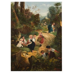 A German School oil painting of a countryside strawberry harvest, 19th century.