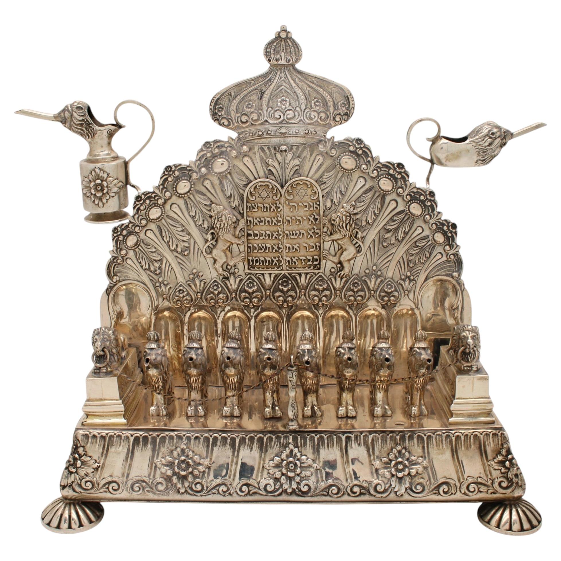 A German Silver Lion Hanukkah Lamp, Finest Model, Late 19th–Early 20th Century