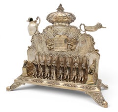 A German Silver Lion Hanukkah Menorah , 19th Century