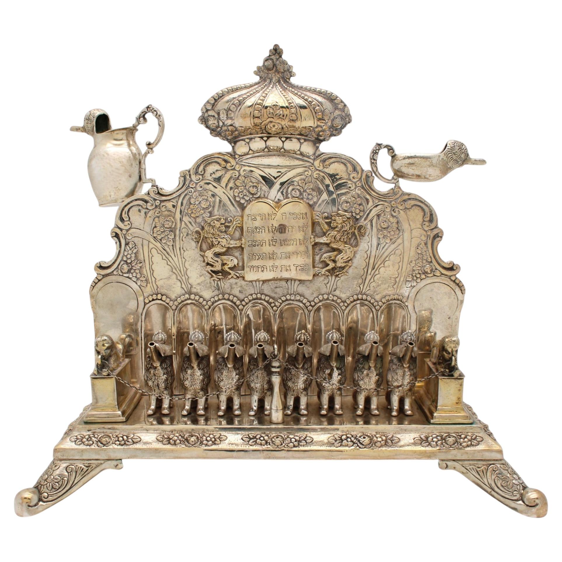 A German Silver Lion Hanukkah Menorah , 19th Century