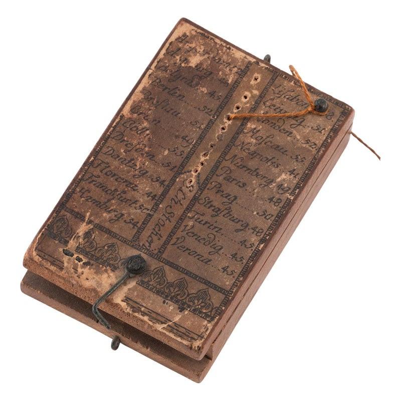 A German Stockert pattern fruitwood diptych pattern pocket sundial signed, early 19th century The upper leaf with central column printed with eight positions for the string gnomen from latitude 40 degrees to 56 degrees in two degree increments