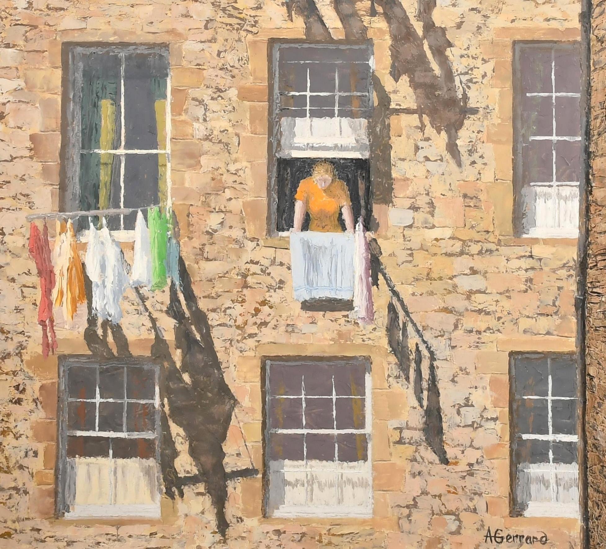A superb large 1950's oil on board which we believe to depict the tenement buildings of the Milnes Court area in Edinburgh. Clothes hang from T shaped driers as a lady hangs her washing from a sash window. The distinctive single four pane window in