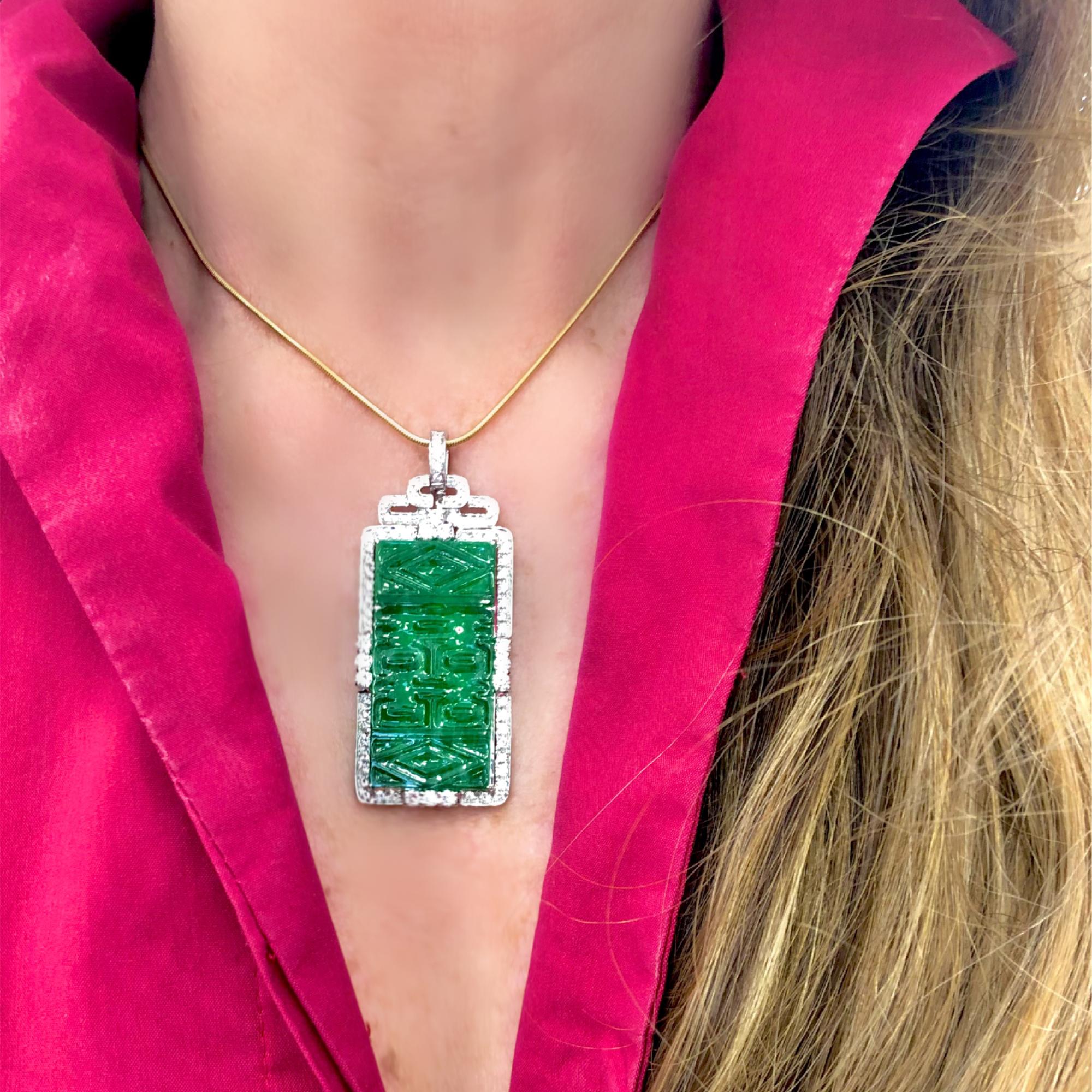 GIA Carved Jadeite Jade Type A and Diamond Pendant in 18k In Excellent Condition In Miami, FL