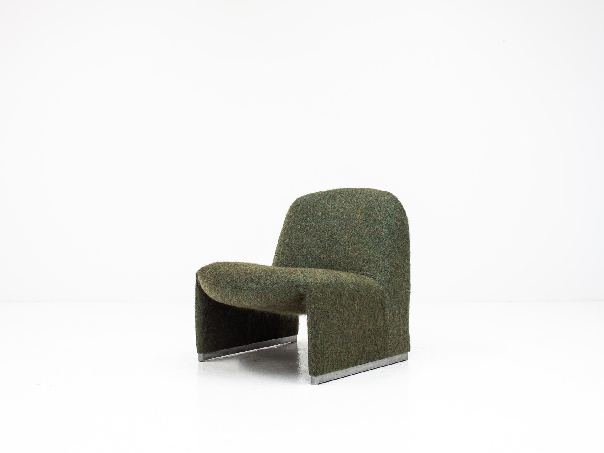 A Giancarlo Piretti “Alky” chair newly upholstered in fluffy Pierre Frey fabric.

Manufactured by Artifort in the 1970s in the Netherlands.  Newly upholstered in fluffy wool, mohair and alpaca fabric which is produced by one of the most luxurious