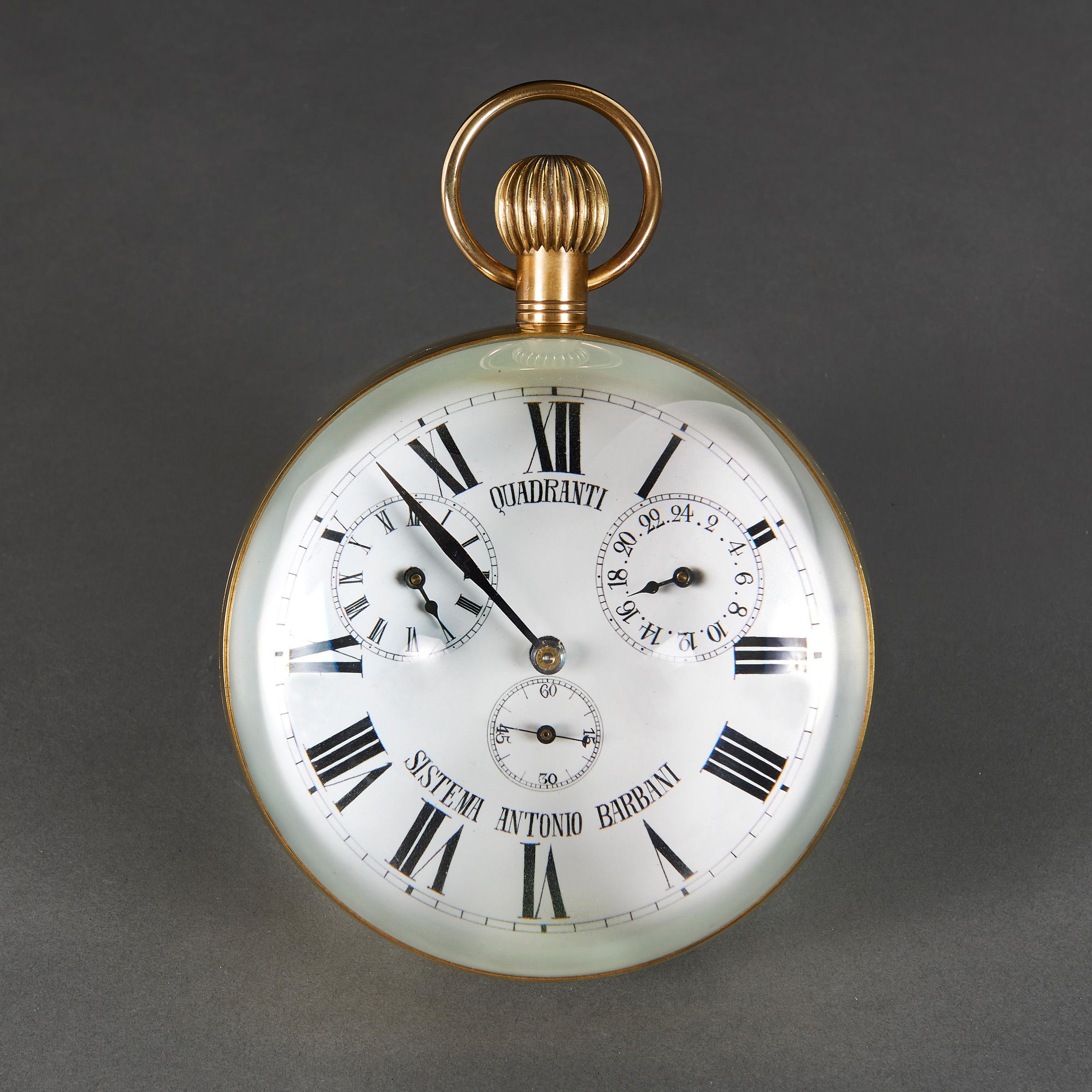 Waltham, Massachusetts, USA, Early 20th century.

A fine giant ball desk clock in brass and glass, made for the Italian market, with ‘Quadranti’ four dial face, separating the hours, minutes, seconds and the 24hour clock, with eight day American
