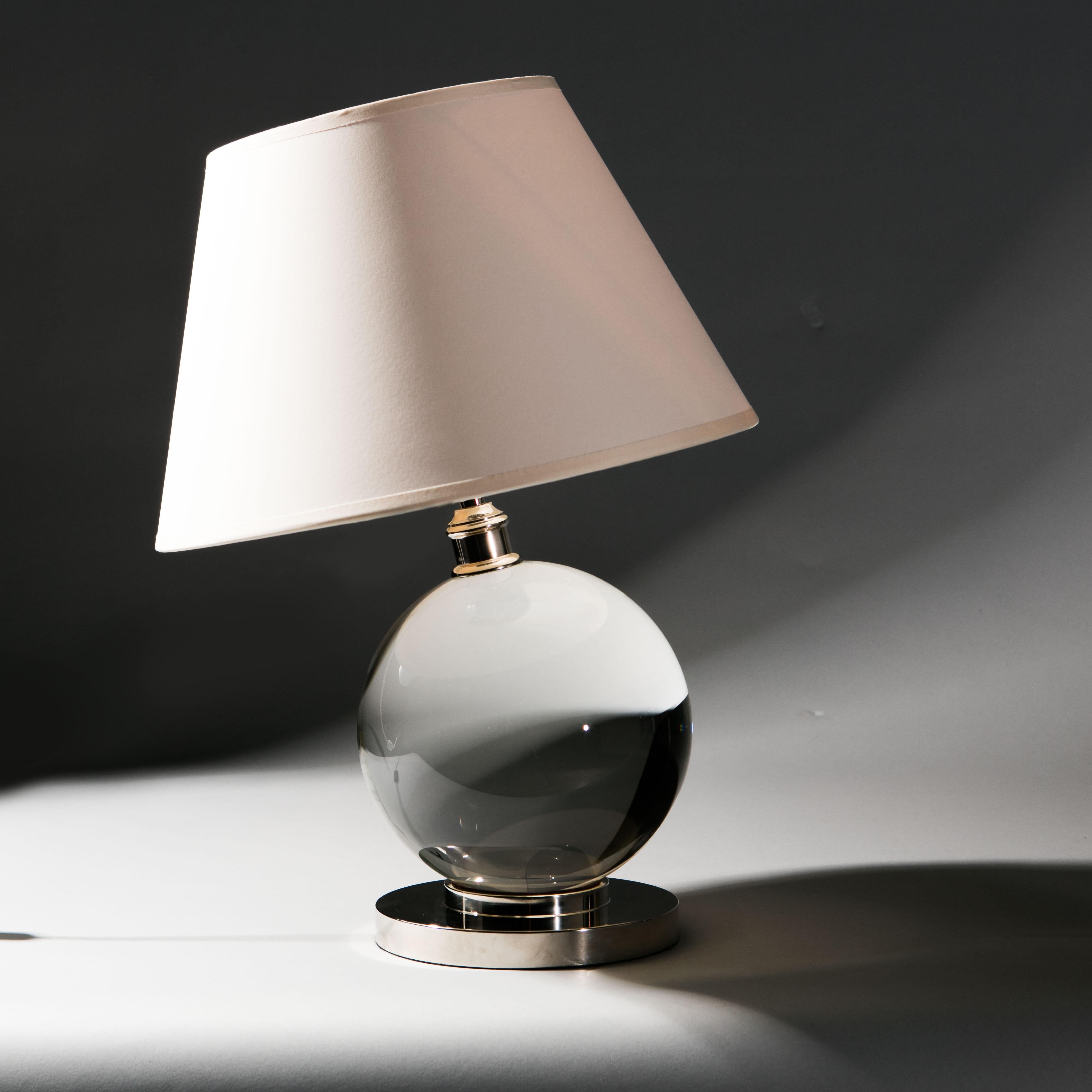 English Giant Crystal Ball Lamp after Jacques Adnet Adjustable on Silver Base