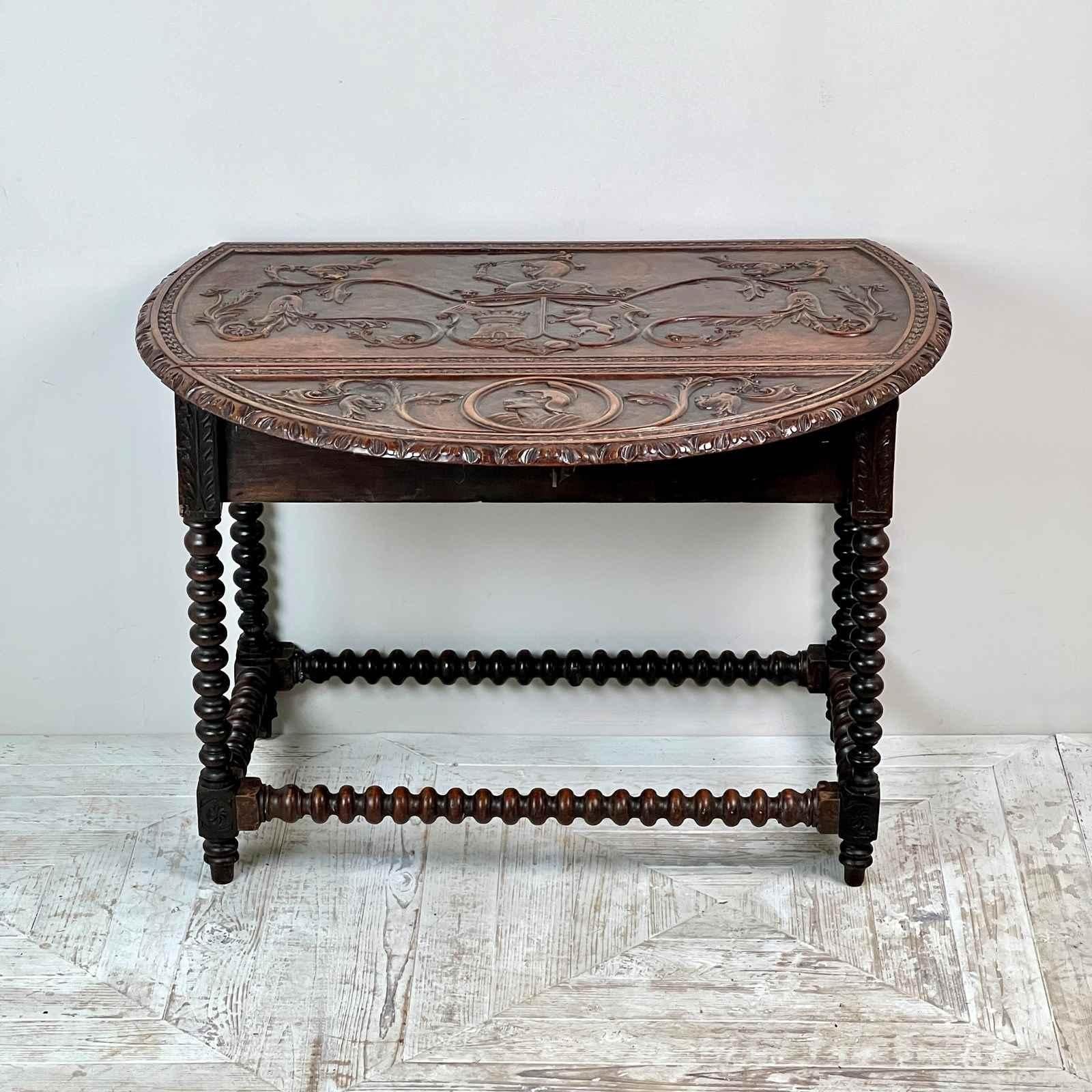Hand-Carved A Gibraltarian Carved Drop Leaf Bobbin Table For Sale