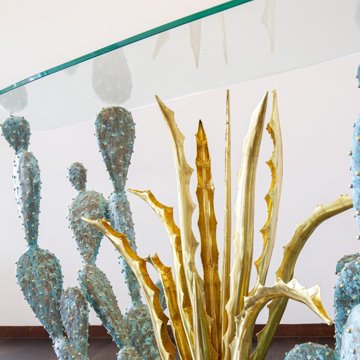 Late 20th Century Gilded and Oxidized Brass Cacti Console Table by Alain Chervet, 1992