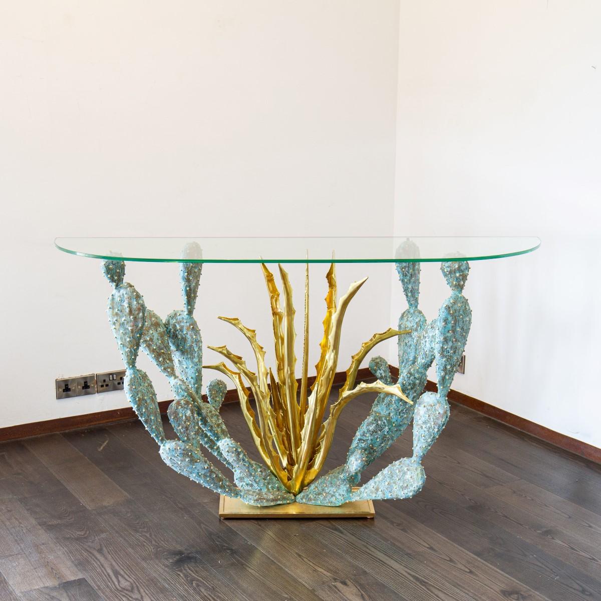 Gilded and Oxidized Brass Cacti Console Table by Alain Chervet, 1992 3