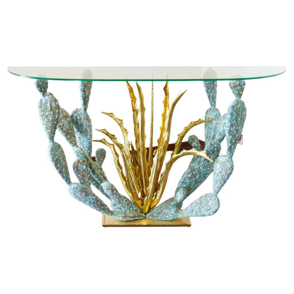 Gilded and Oxidized Brass Cacti Console Table by Alain Chervet, 1992