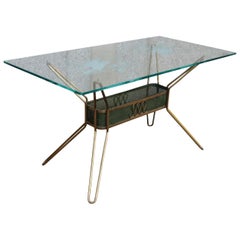 Gilded Brass, Green Metal and Painted Glass Top Midcentury Table, Italy, 1950