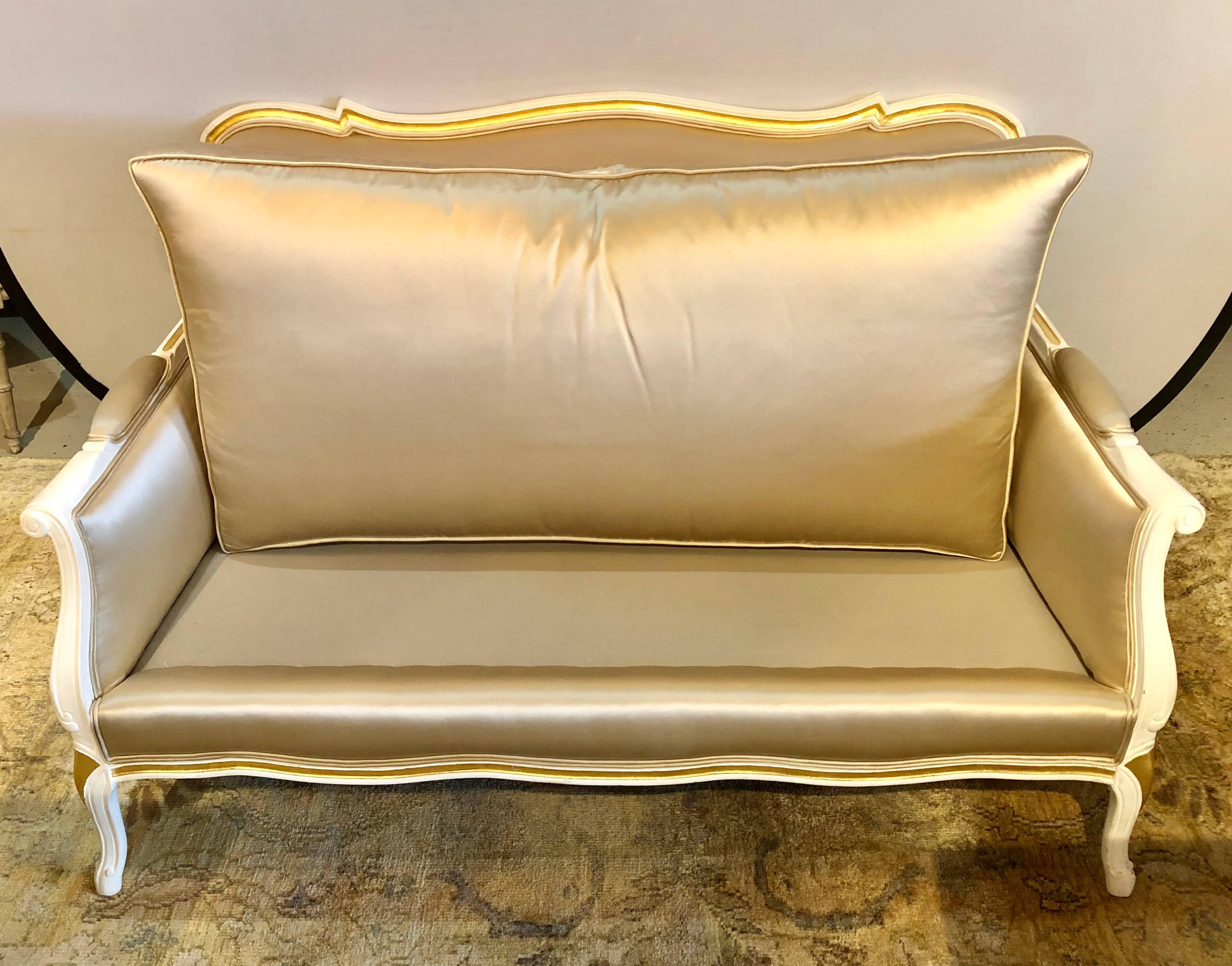 Gilt and Paint Decorated Settee / Loveseat in a Fine Satin Upholstery 7