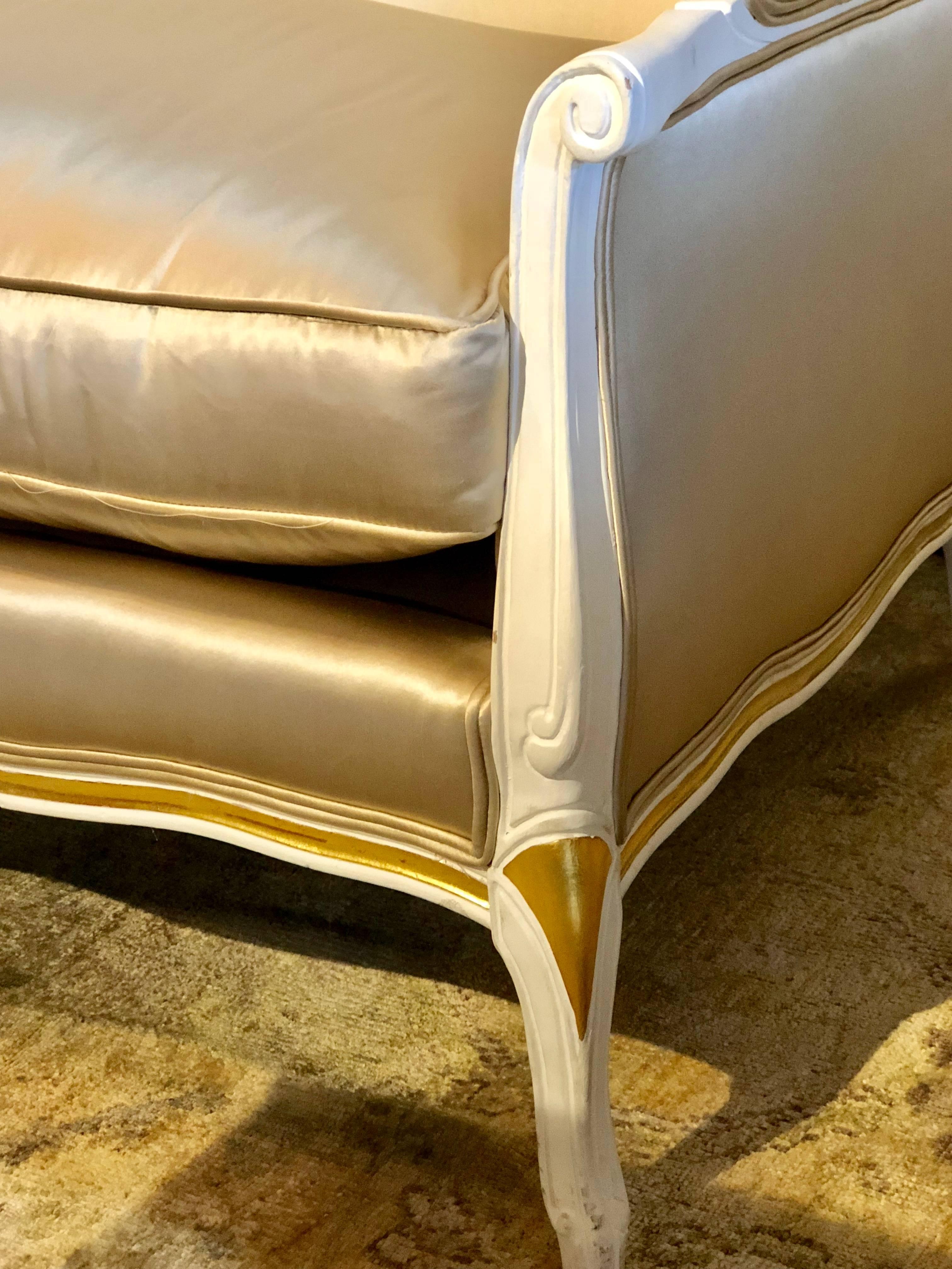 Hollywood Regency Gilt and Paint Decorated Settee / Loveseat in a Fine Satin Upholstery