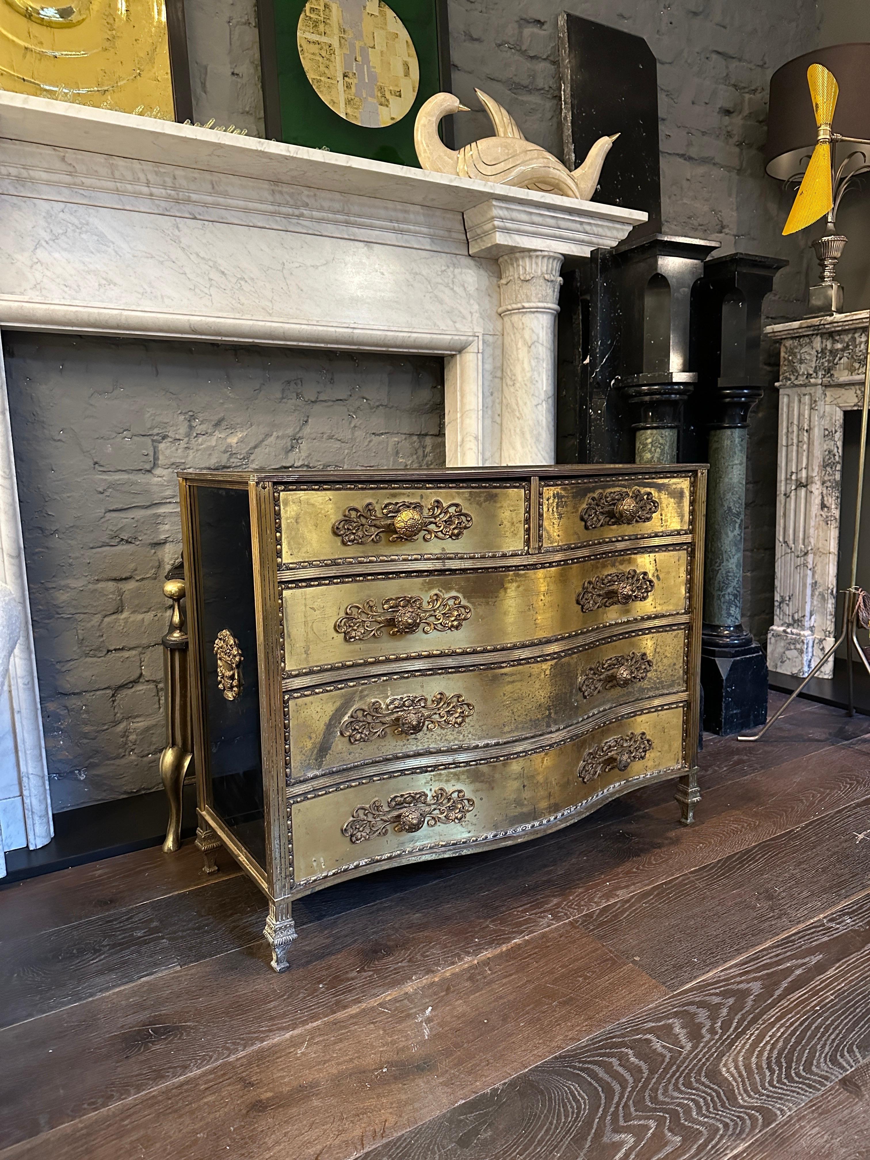 20th Century A Gilt Brass And Black Glass Serpentine Front Commode  For Sale