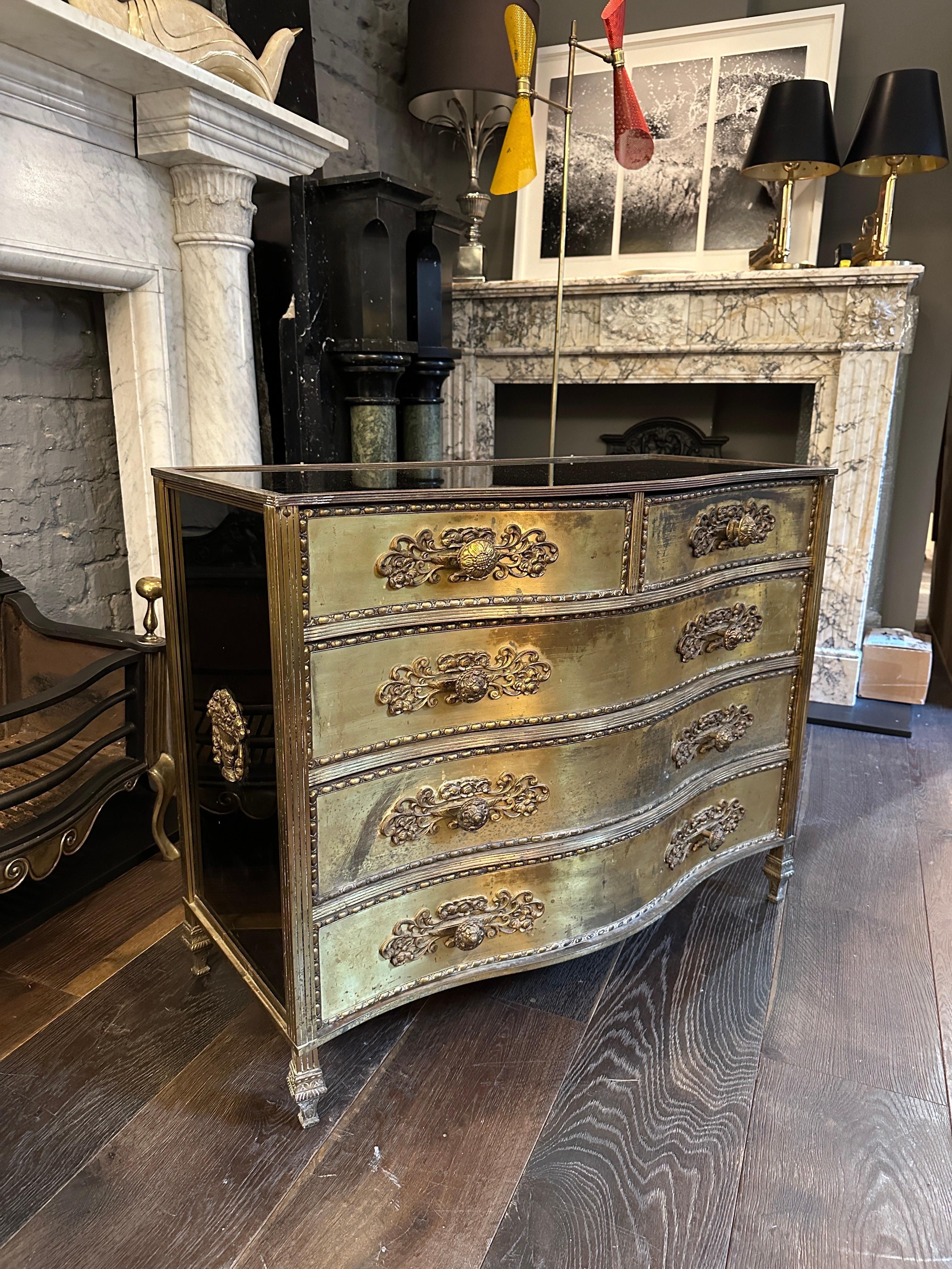A Gilt Brass And Black Glass Serpentine Front Commode  For Sale 1