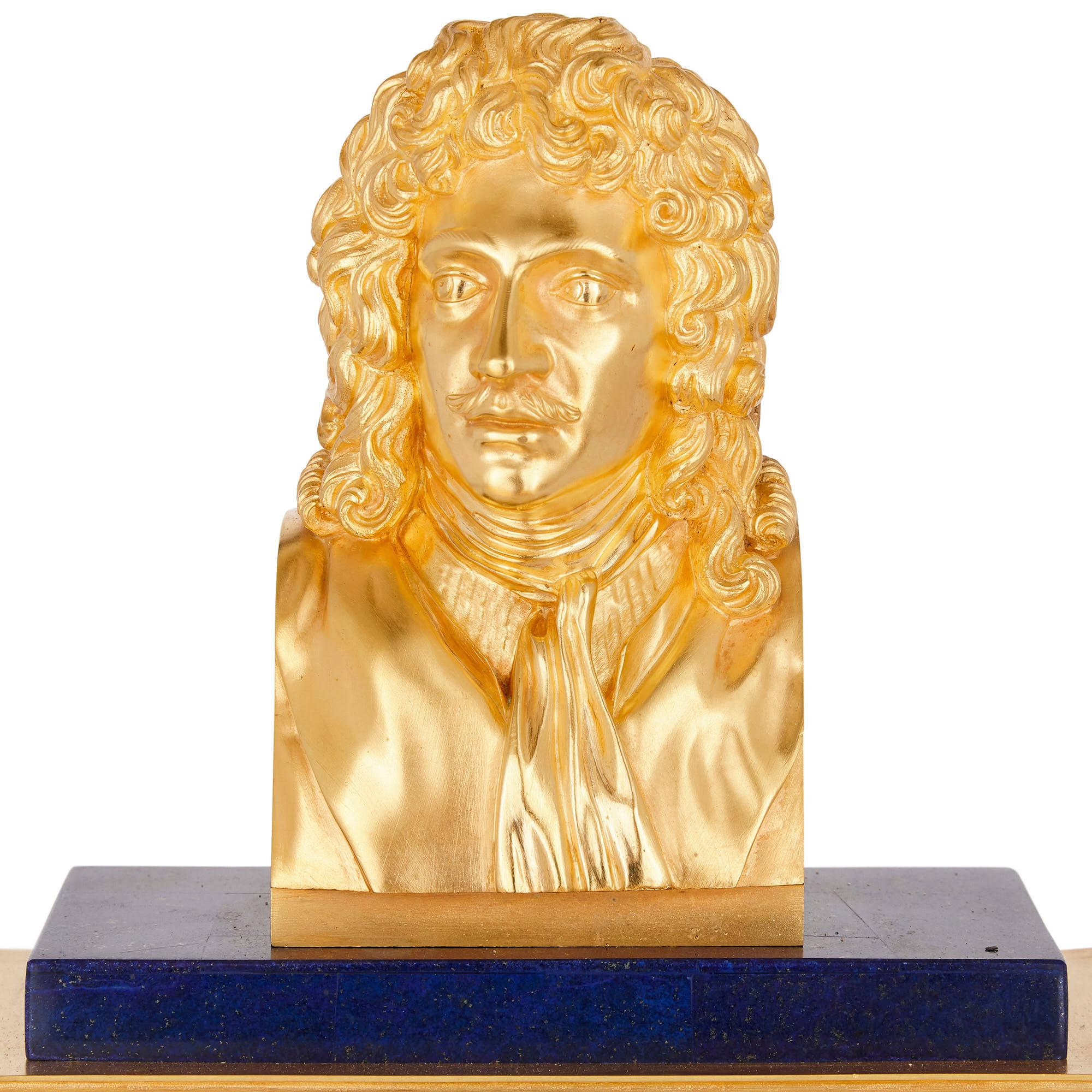 French Gilt Bronze and Blue Lapis Lazuli Clock with Bust of Molière For Sale