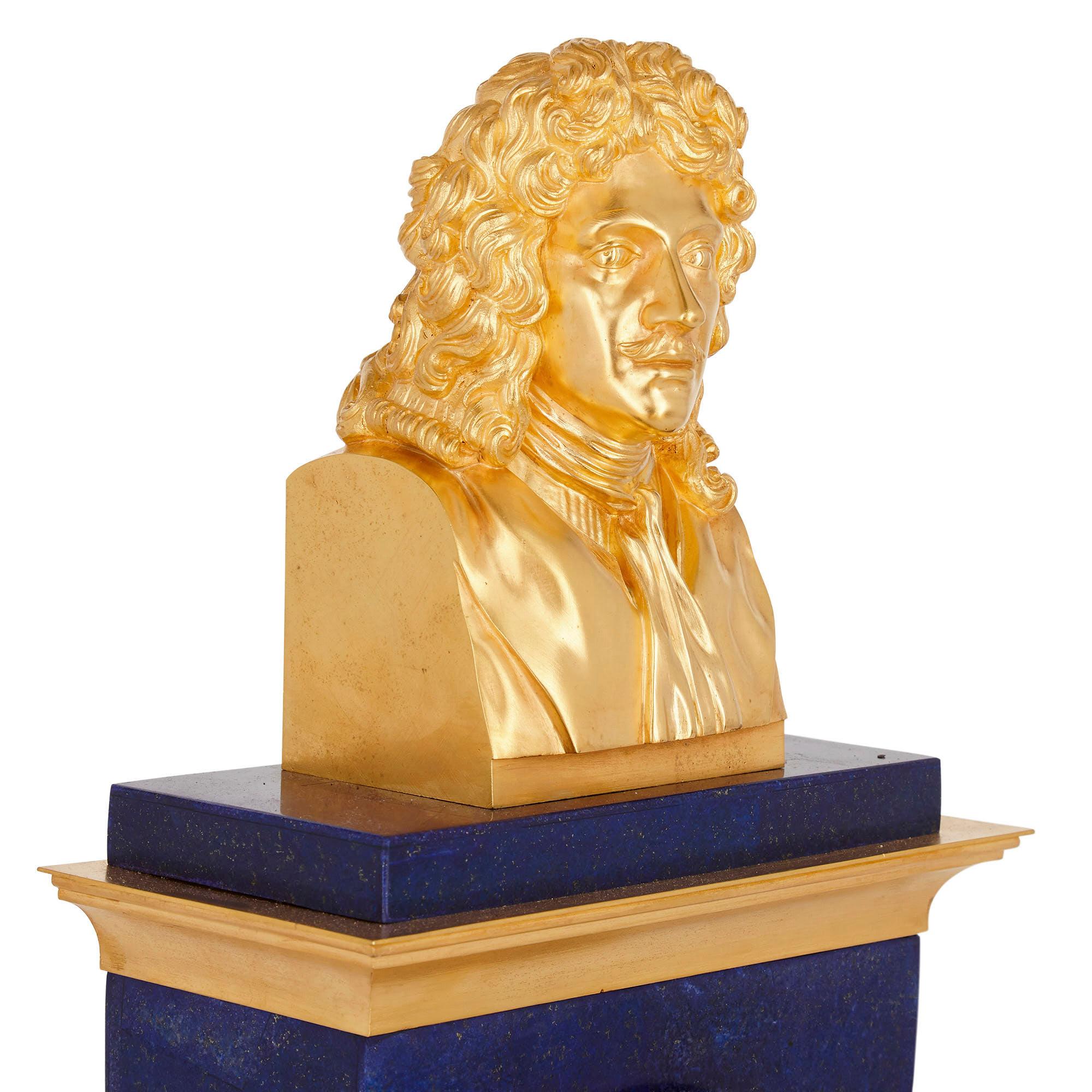19th Century Gilt Bronze and Blue Lapis Lazuli Clock with Bust of Molière For Sale