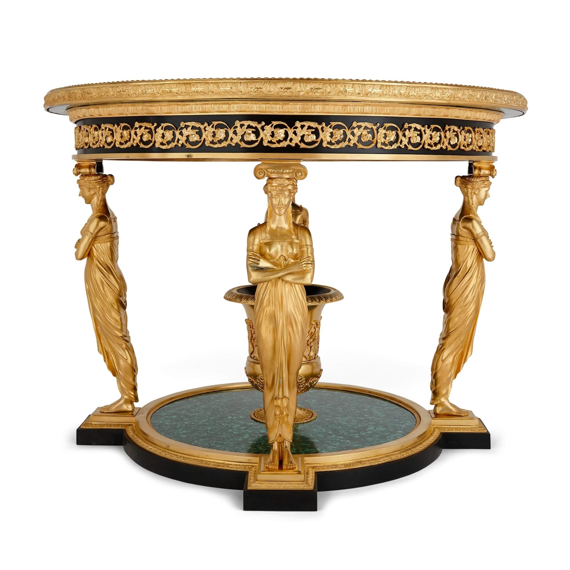 Tisch „Aux Caryatides“ aus vergoldeter Bronze und Malachit im Empire-Stil nach Desmalter (Französisch) im Angebot