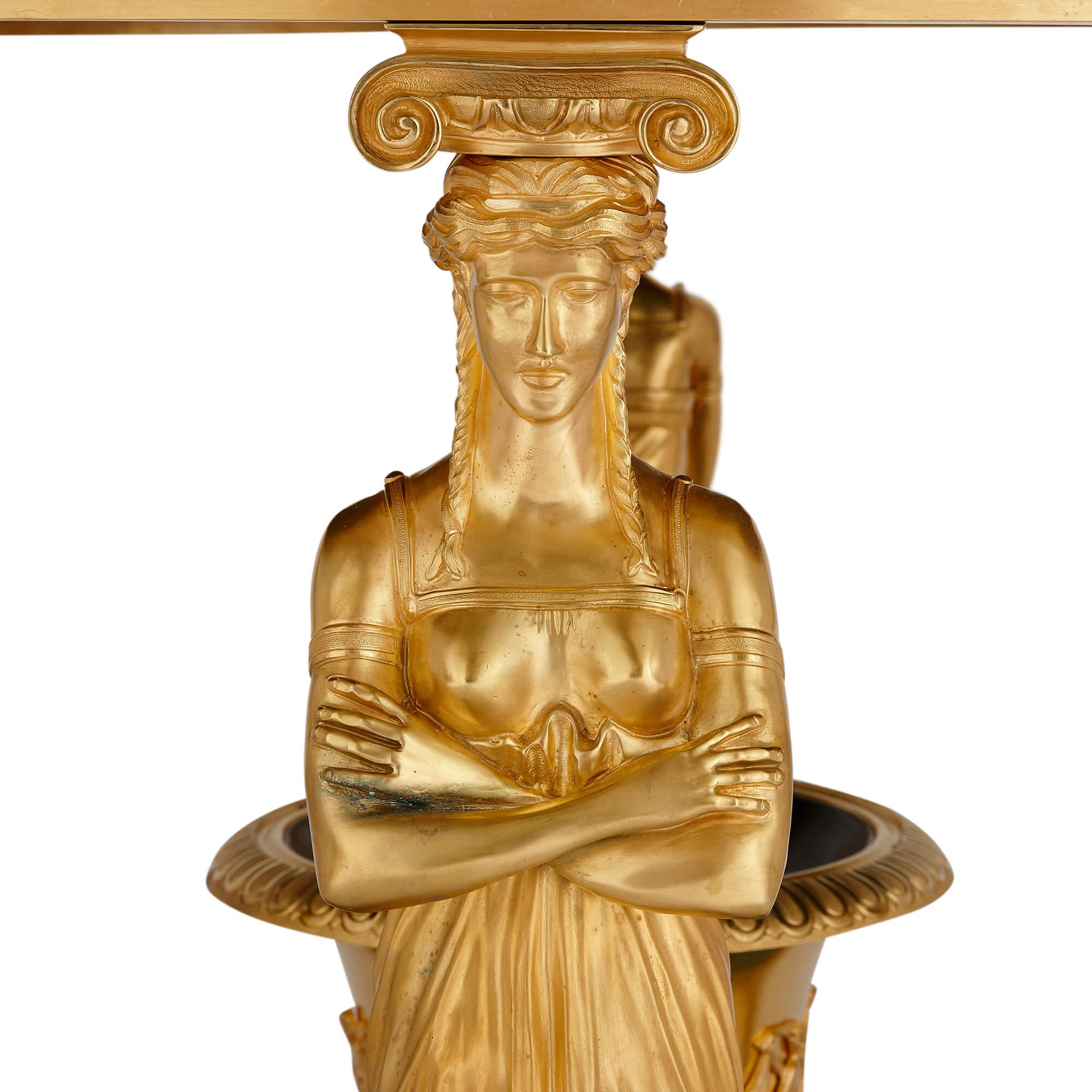Tisch „Aux Caryatides“ aus vergoldeter Bronze und Malachit im Empire-Stil nach Desmalter im Angebot 2