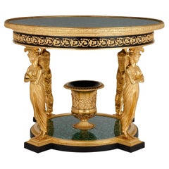 Table « Aux Caryatides » de style Empire en bronze doré et malachite d'après Desmalter