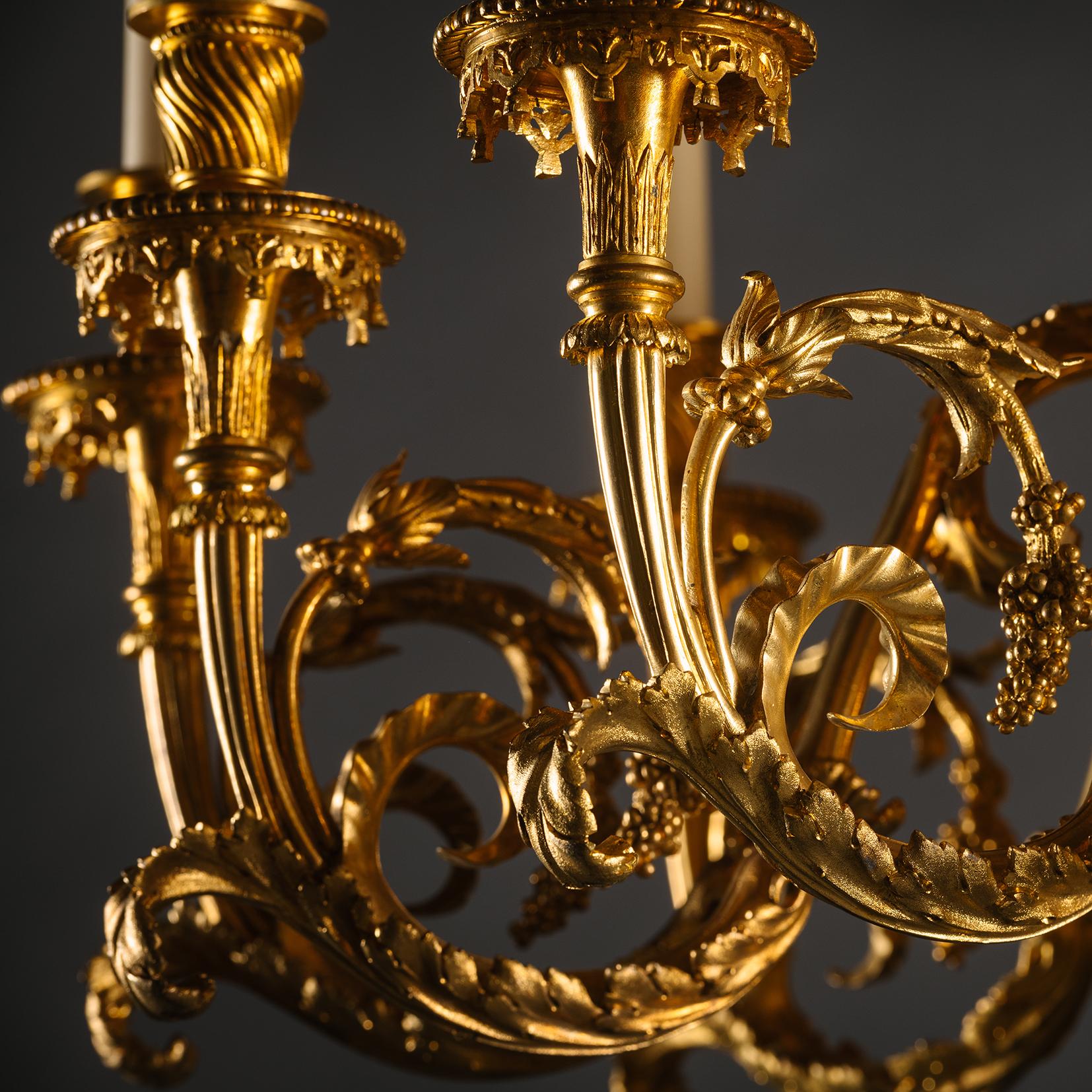 A Gilt-Bronze and Tole Twelve-Light Chandelier, Attributed to Maison Beurdeley For Sale 4