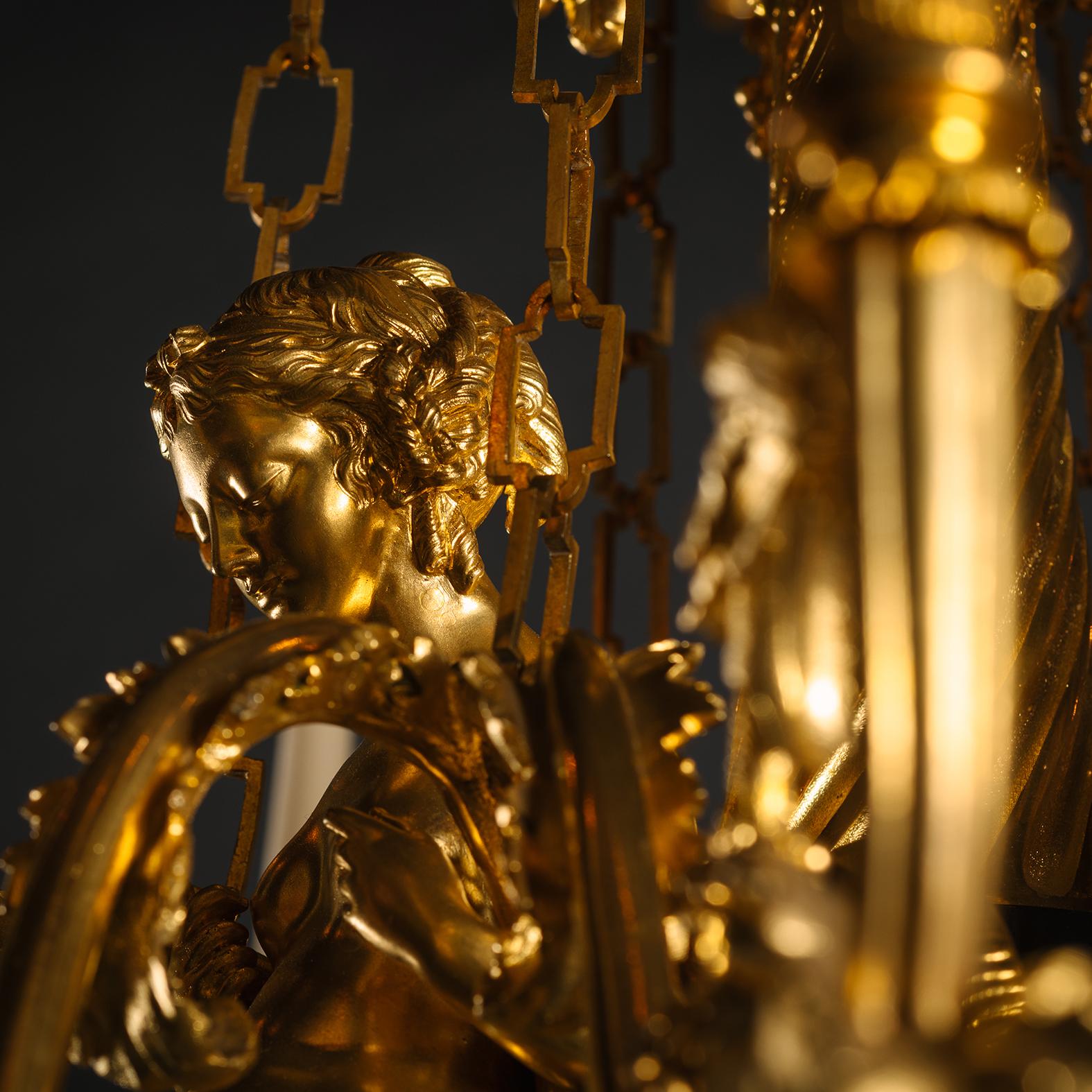 A Gilt-Bronze and Tole Twelve-Light Chandelier, Attributed to Maison Beurdeley For Sale 6