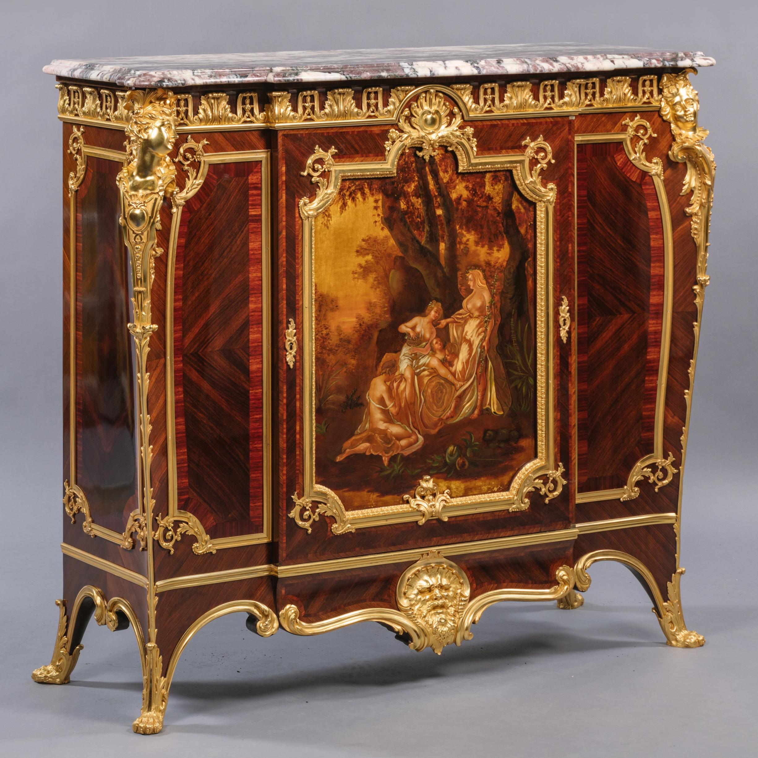 A fine Vernis Martin gilt-bronze mounted side cabinet with a marble top, by Joseph-Emmanuel Zwiener. 

Stamped to the carcass beneath the marble top 'E. ZWIENER'.

This model of cabinet or ‘meuble à hauteur d'appui’ by Zwiener is illustrated in
