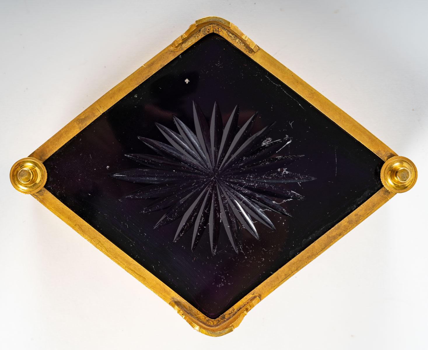 European A gilt bronze and violet crystal square bowl, 19th century For Sale