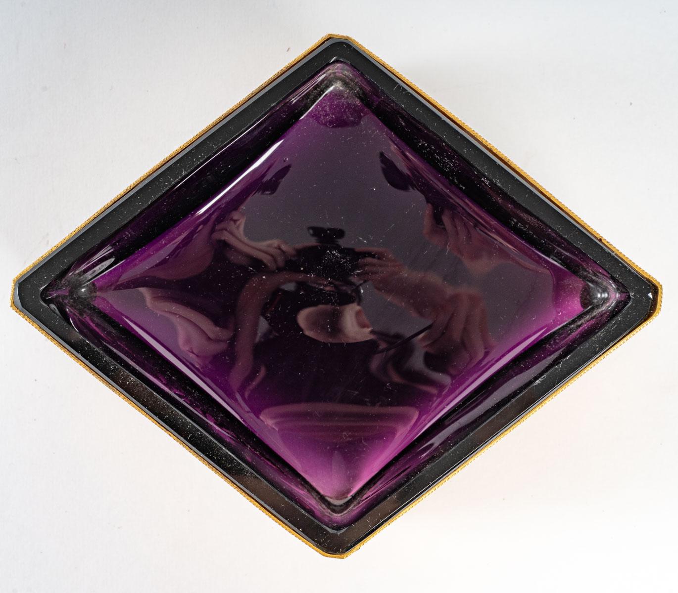 Gilt A gilt bronze and violet crystal square bowl, 19th century For Sale