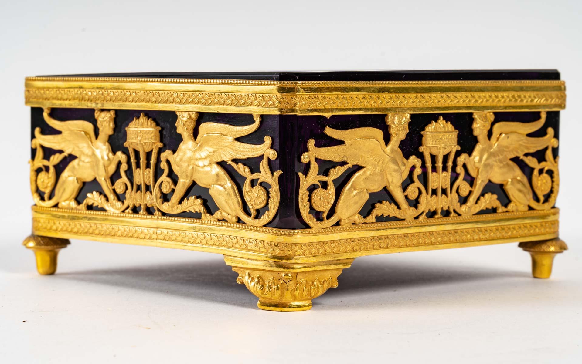 Bronze A gilt bronze and violet crystal square bowl, 19th century For Sale