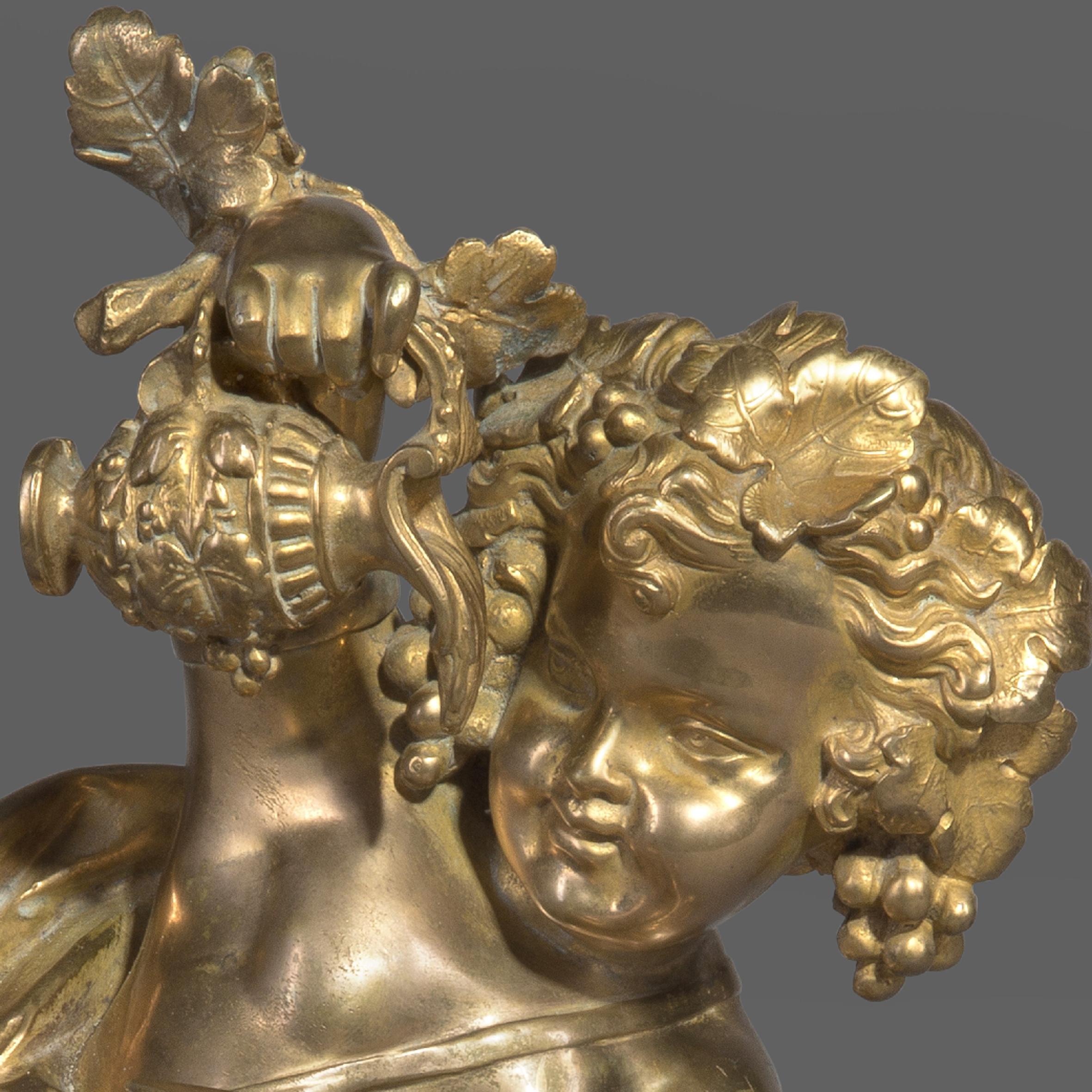 French Gilt Bronze Bacchanalian Putto Figure on a Rouge Marble Plinth, circa 1870