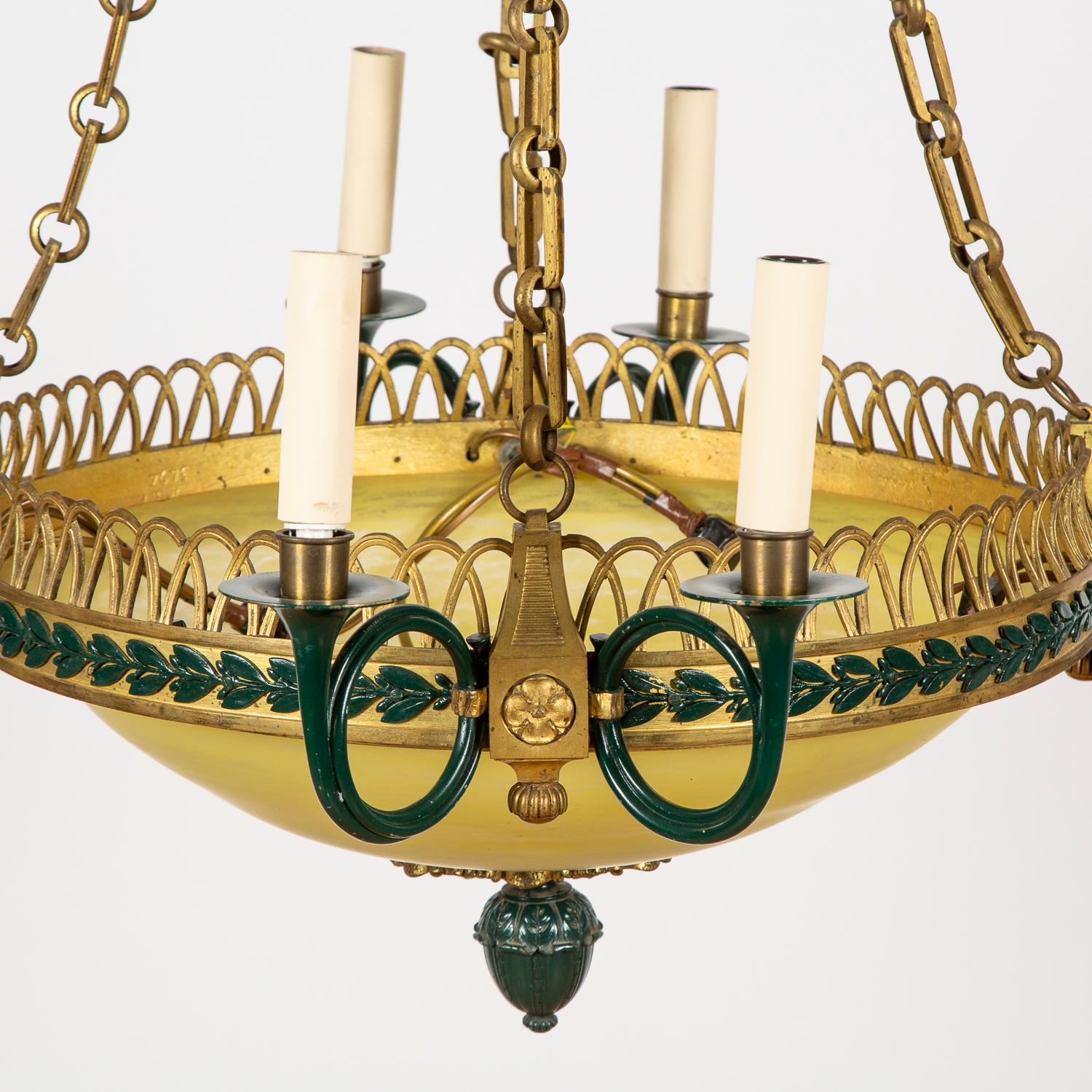 French Gilt Bronze and Colored Glass Chandelier in the Empire Style For Sale