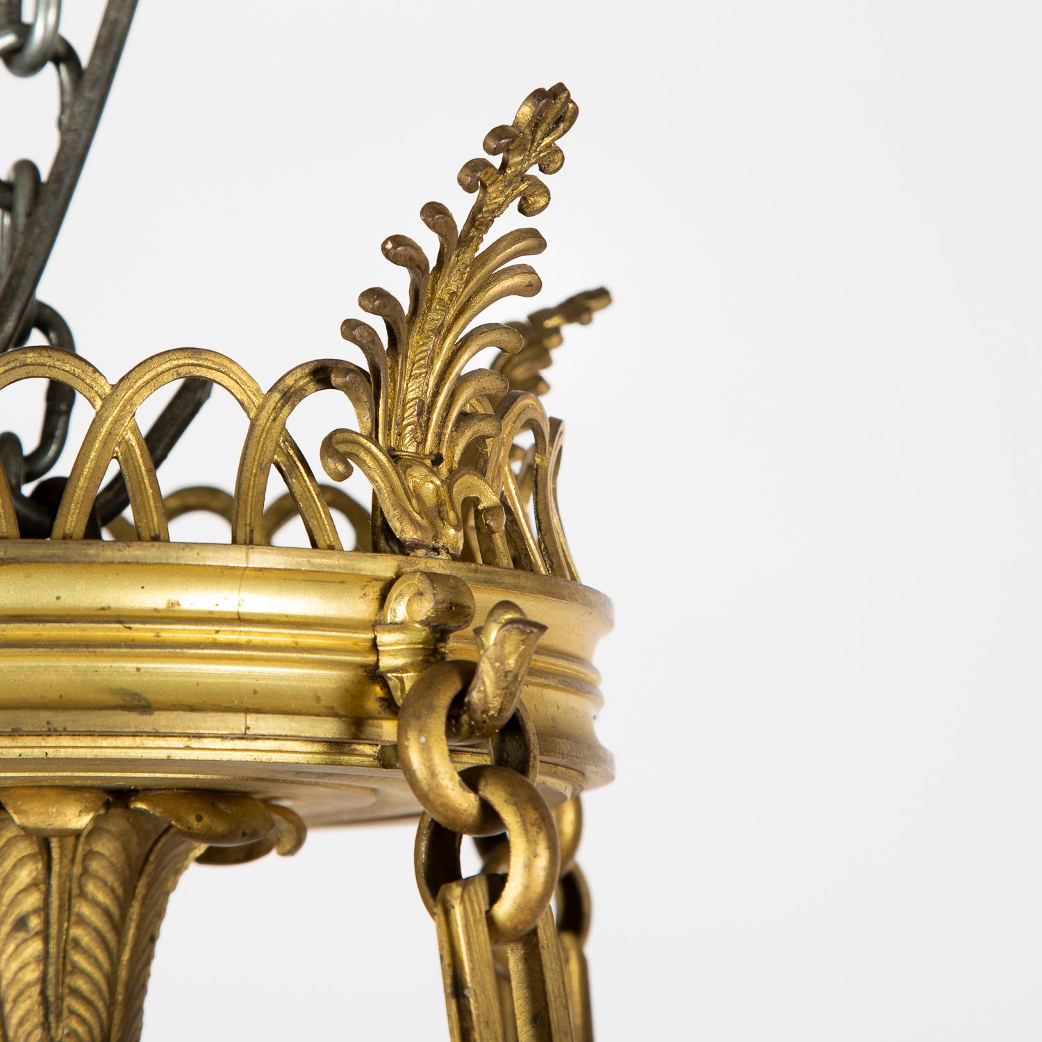 20th Century Gilt Bronze and Colored Glass Chandelier in the Empire Style For Sale