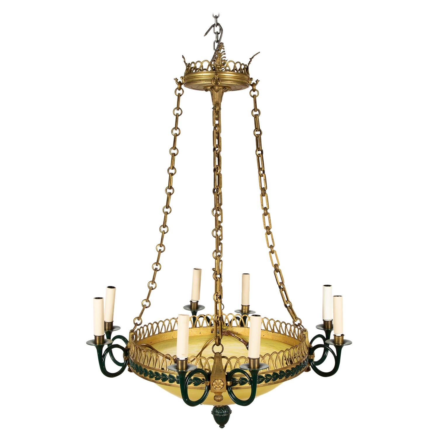 Gilt Bronze and Colored Glass Chandelier in the Empire Style For Sale