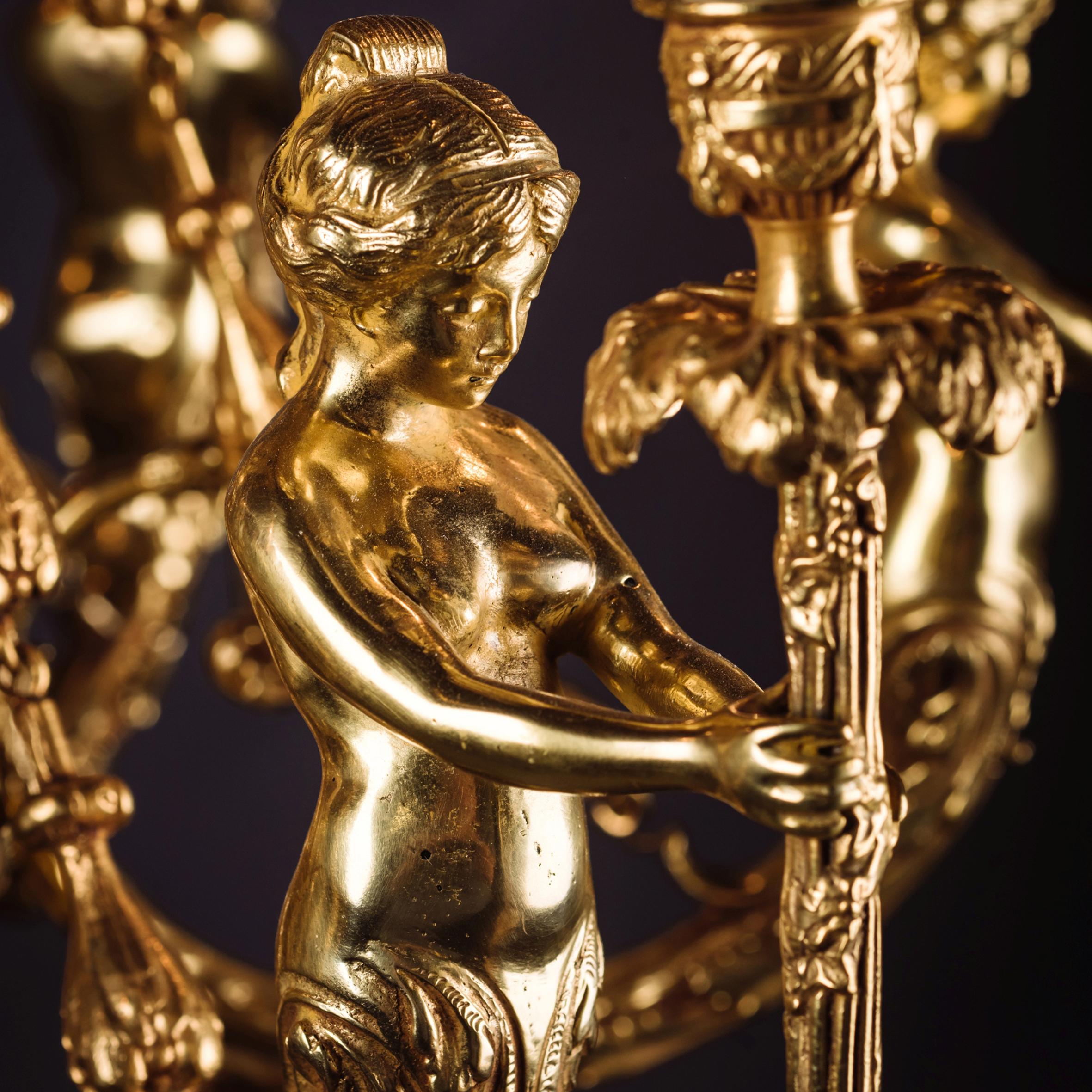 French Gilt-Bronze Figural Six-Light Figural Chandelier For Sale