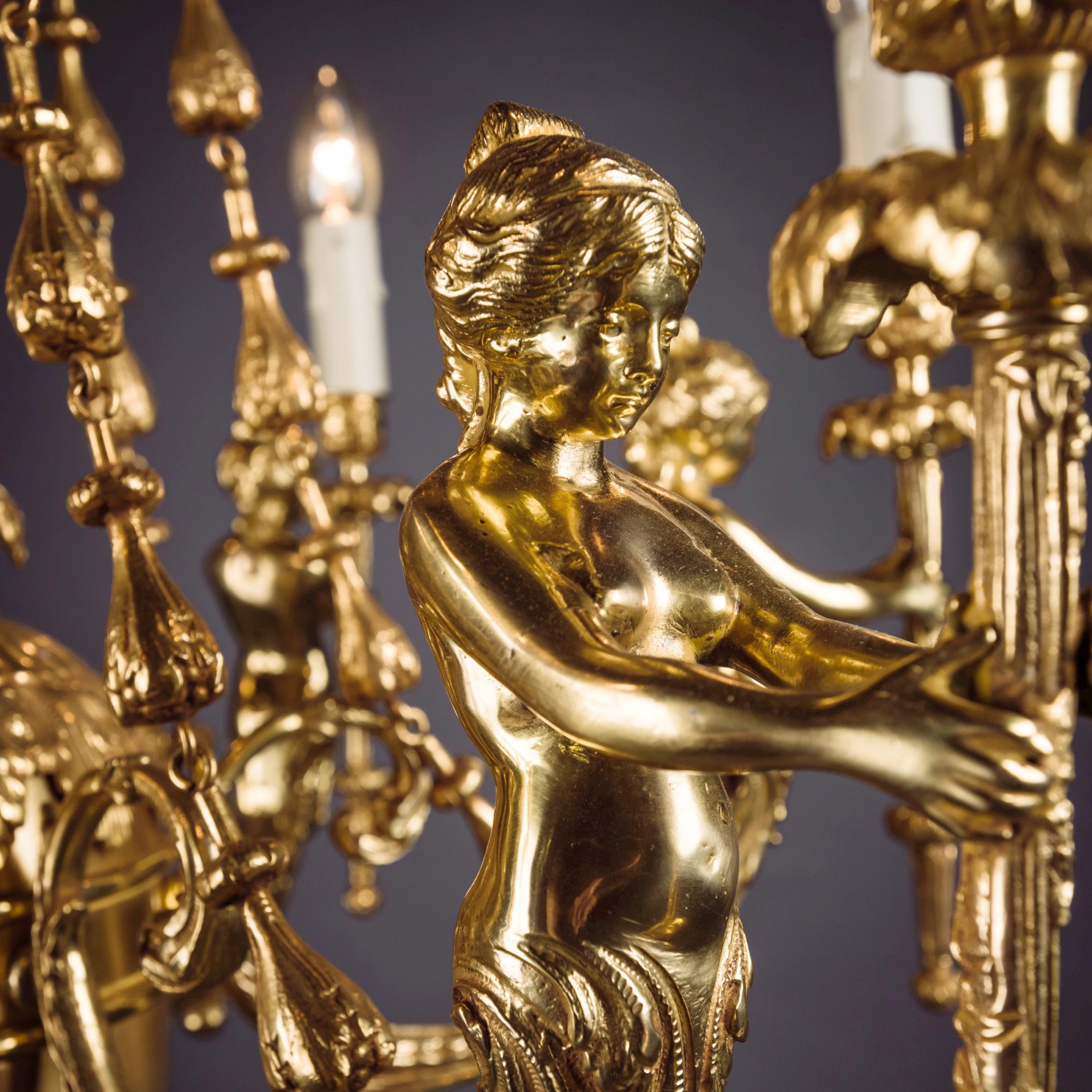 Gilt-Bronze Figural Six-Light Figural Chandelier For Sale 1