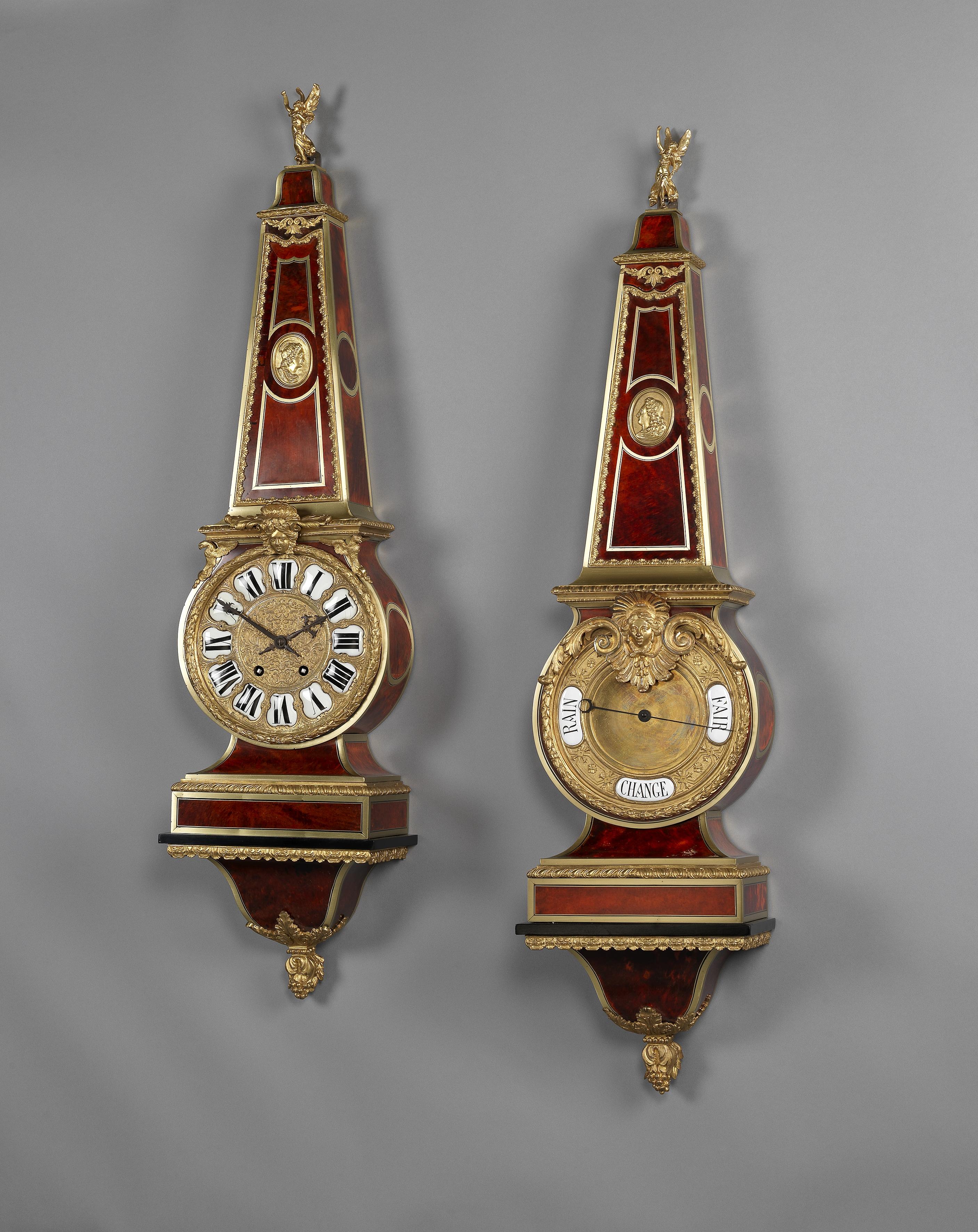 An exceptional gilt bronze mounted cut-brass and tortoiseshell-Inlaid ‘Boulle’ Cartel Clock and Barometer Set.

French, circa 1890. 

Each surmounted by a figure of Victory on a spreading upright centred by a portrait medallion, over a circular
