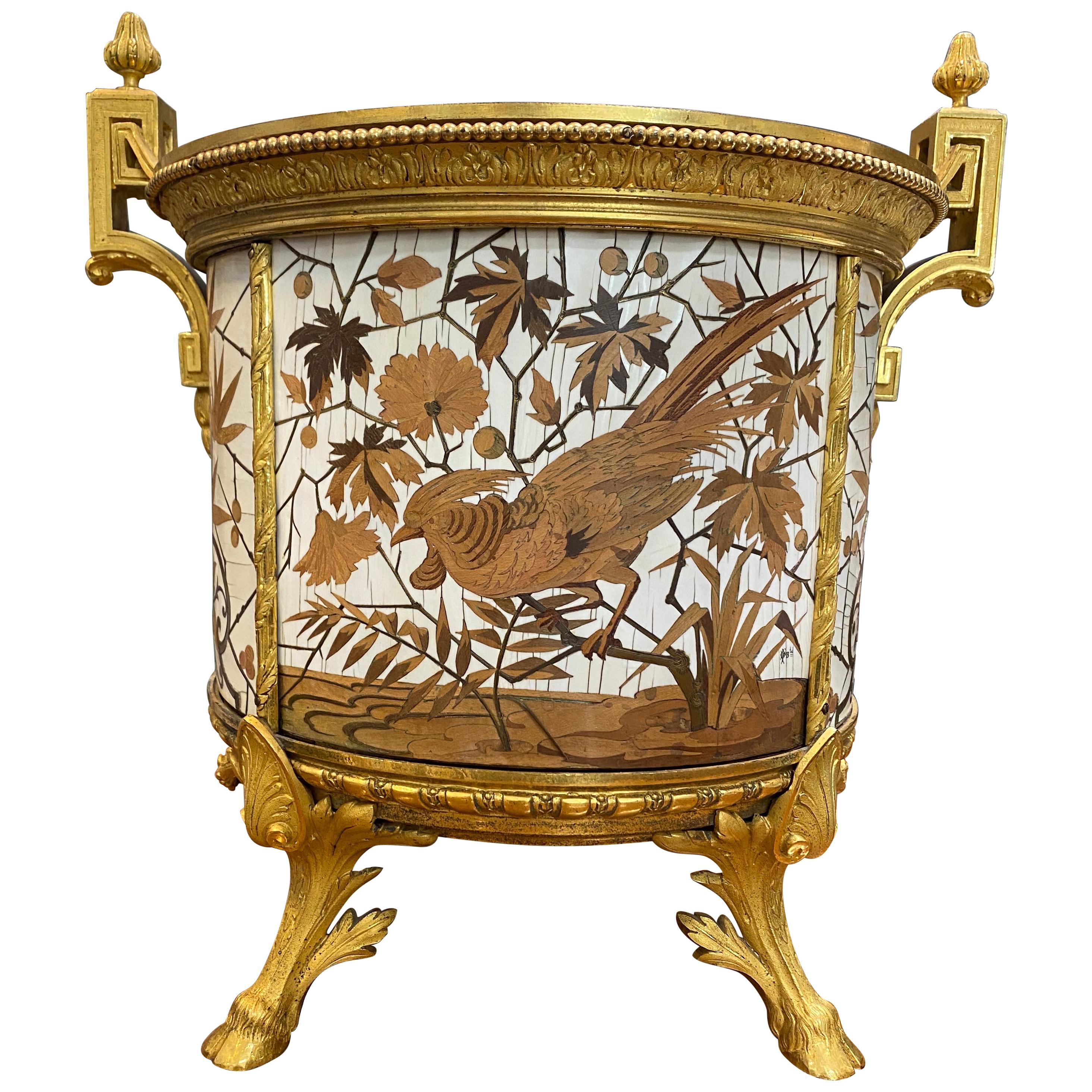 Jardinière aus vergoldetem, bronziertem Metall mit Cloisonné-Marketerie von Ferdinand Duvinage