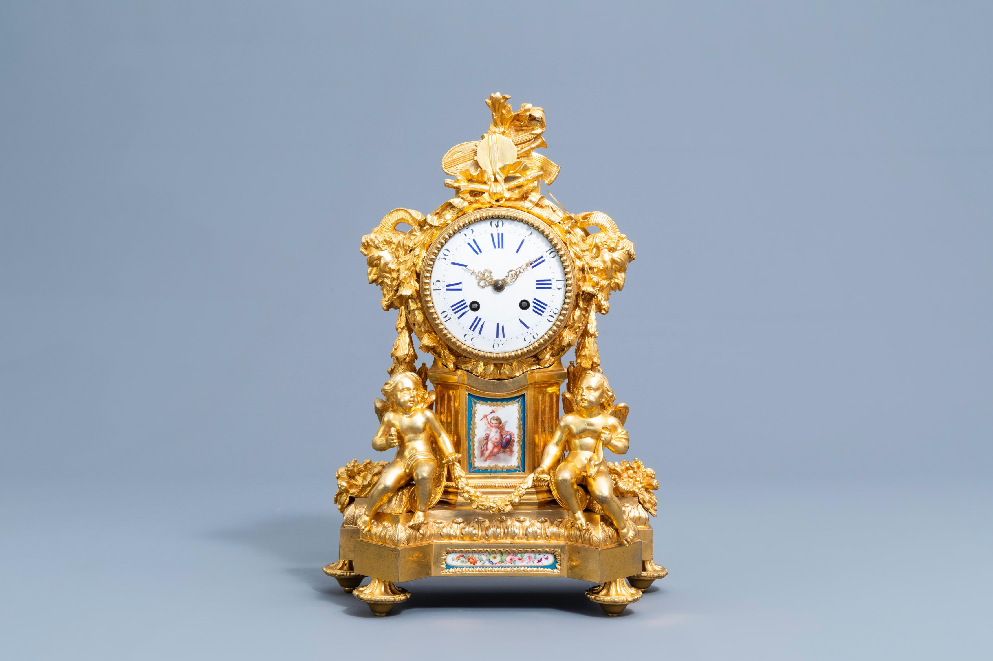 French Gilt Bronze Sèvres Style Clock Set, Louis XV Style, France, 19th Century 