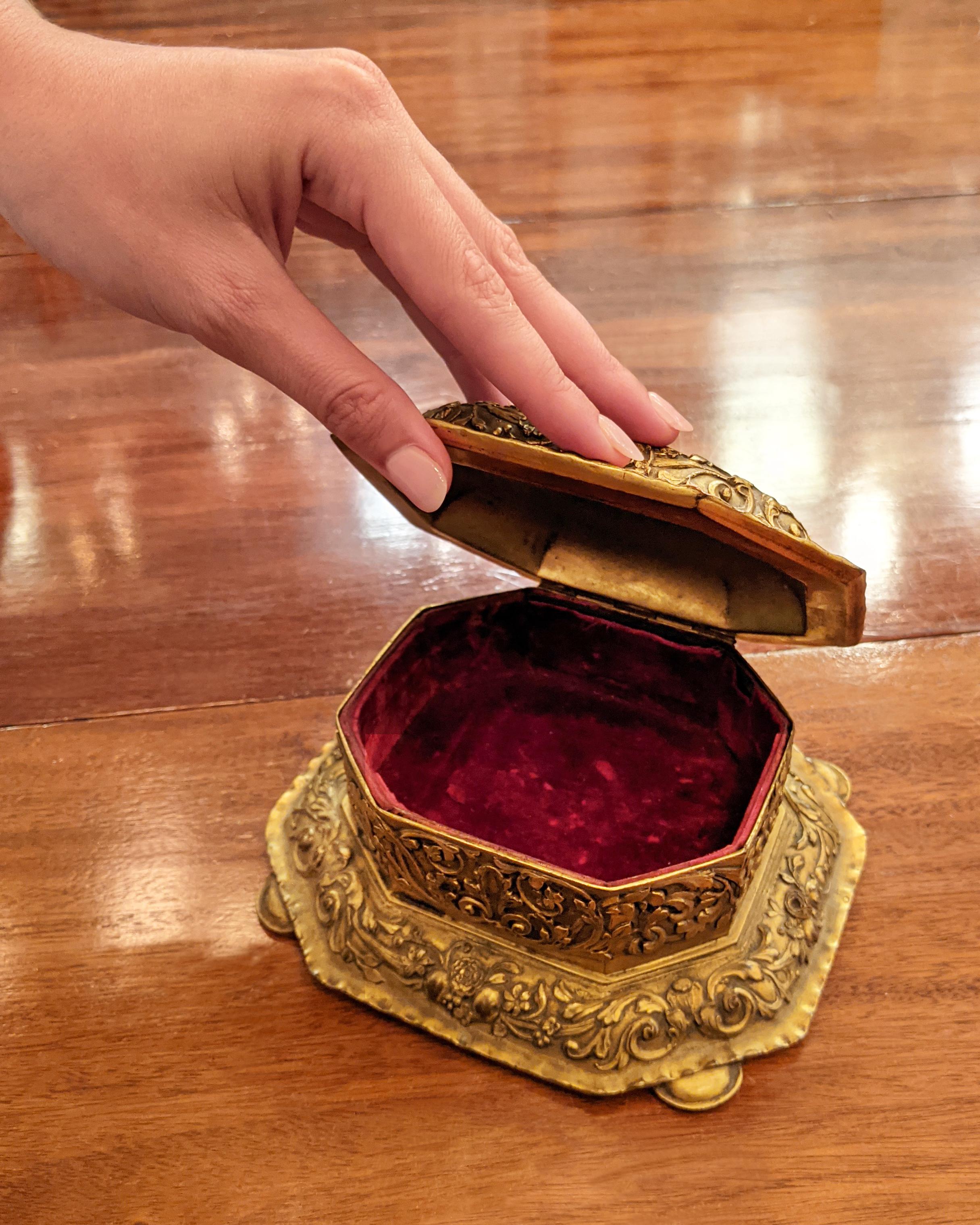 American Gilt Copper Jewelry Box with Red Velvet Signed by E. F. Caldwell, Circa 1920s For Sale