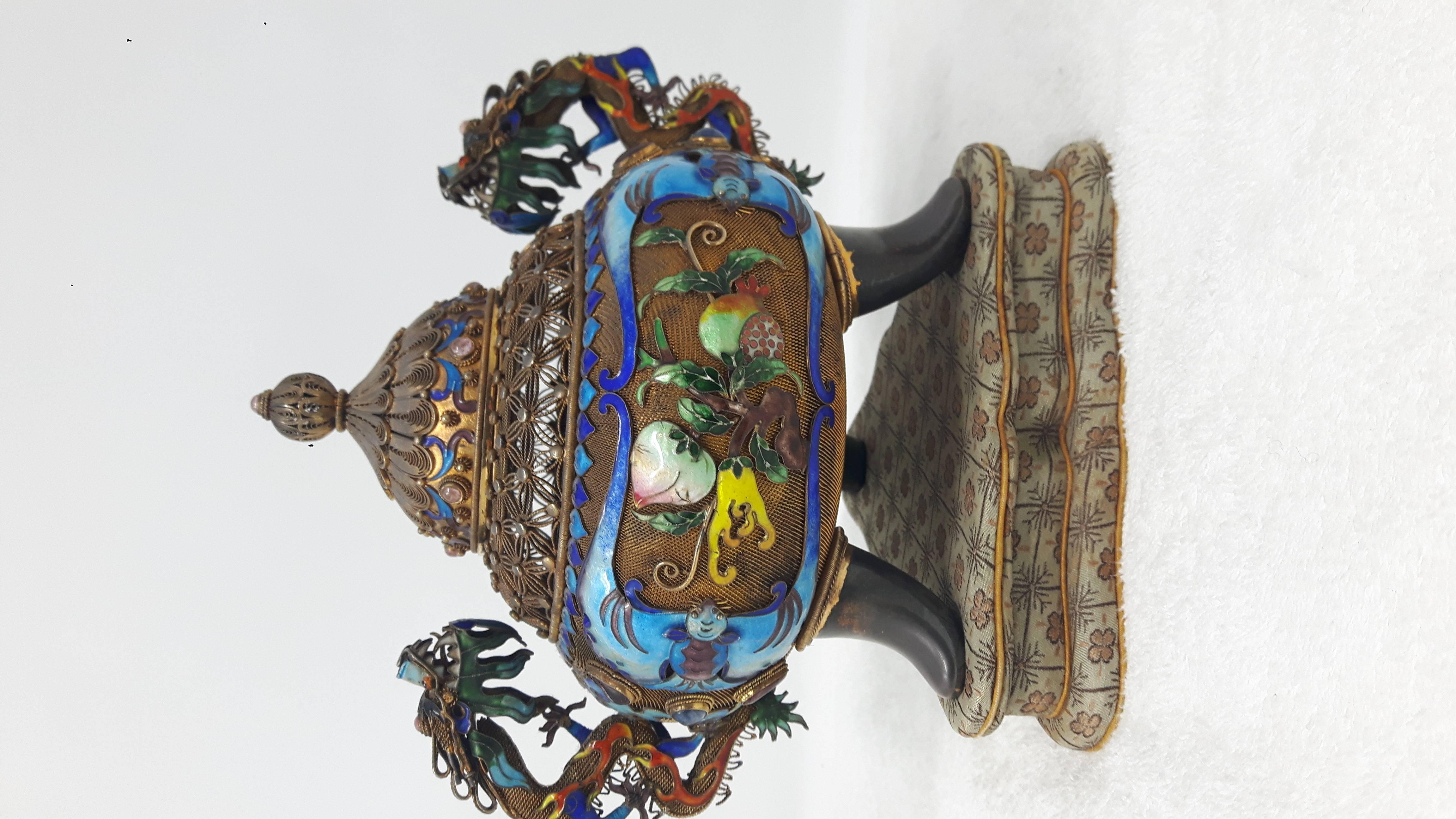 Chinese Gilt Filigree and Enamel Incense Burner and Cover