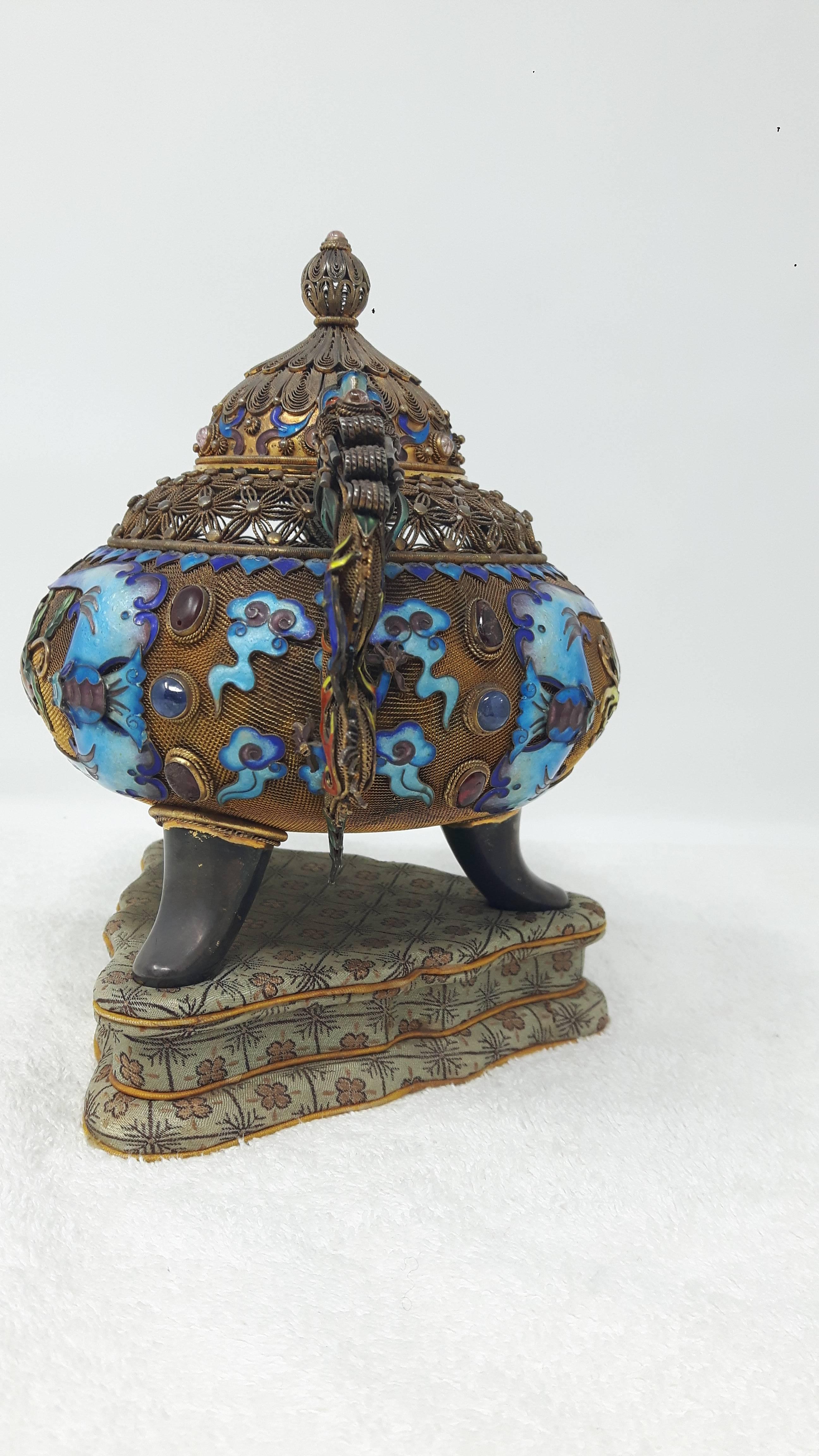 Hand-Crafted Gilt Filigree and Enamel Incense Burner and Cover
